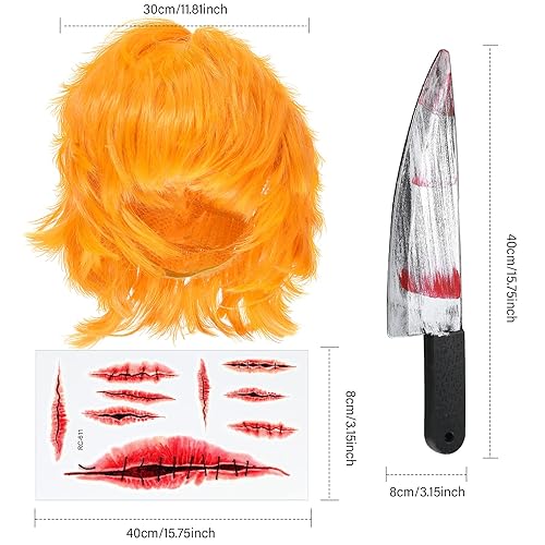 Miniatura 2 de Juego de disfraz de muñeca fantasma de Halloween, pelucas cortas y esponjosas de anime, camisas de rayas arco iris, cuchillo de carnicero sangriento