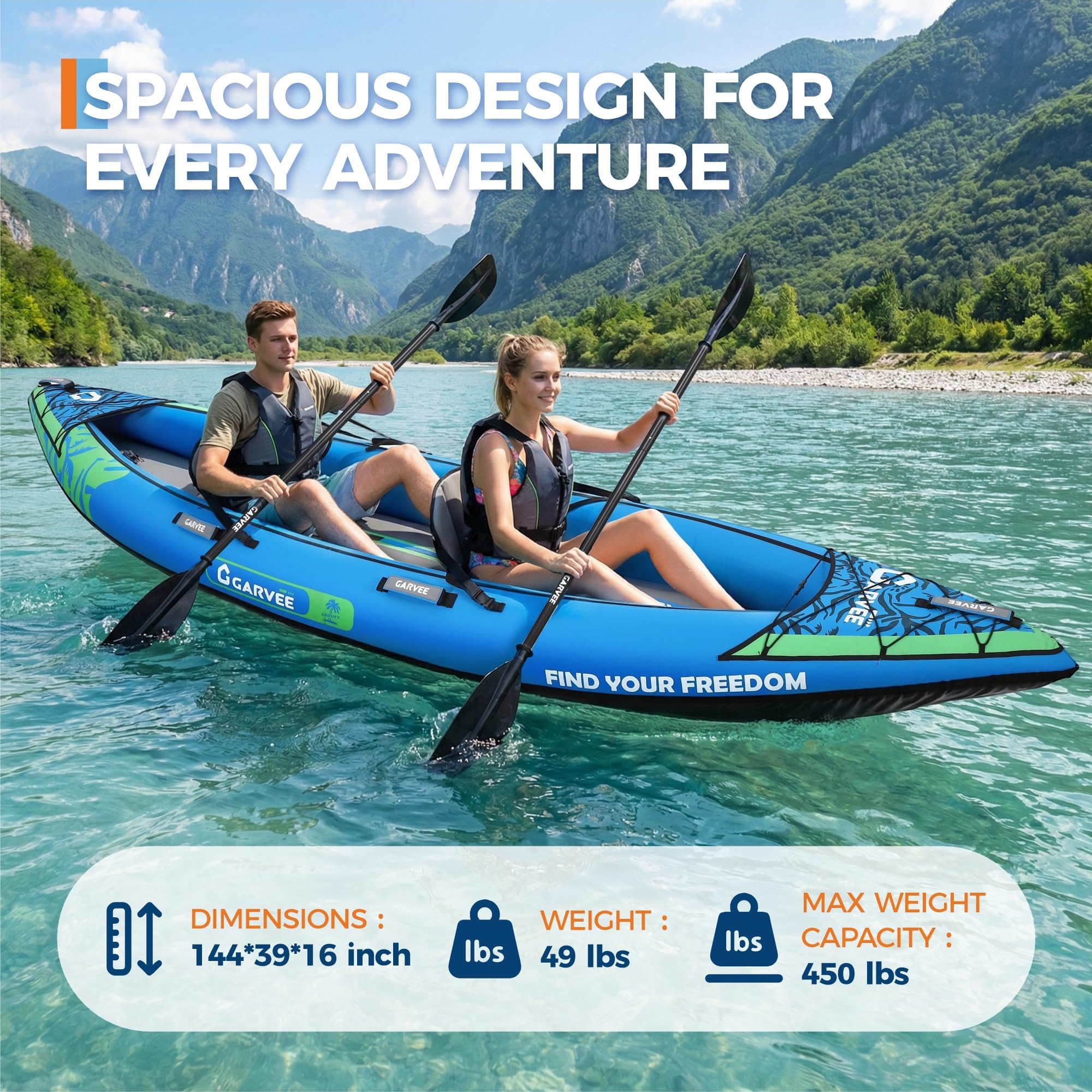 Garvee Kayak Gonflable 2 Places Adulte – 12,5 Pieds – Sièges rembourrés, 3 ailerons Amovibles, Pompe à Main – Sac de Transport, kit de réparation – Capacité 204 kg – Pêche, Loisirs lac/rivière