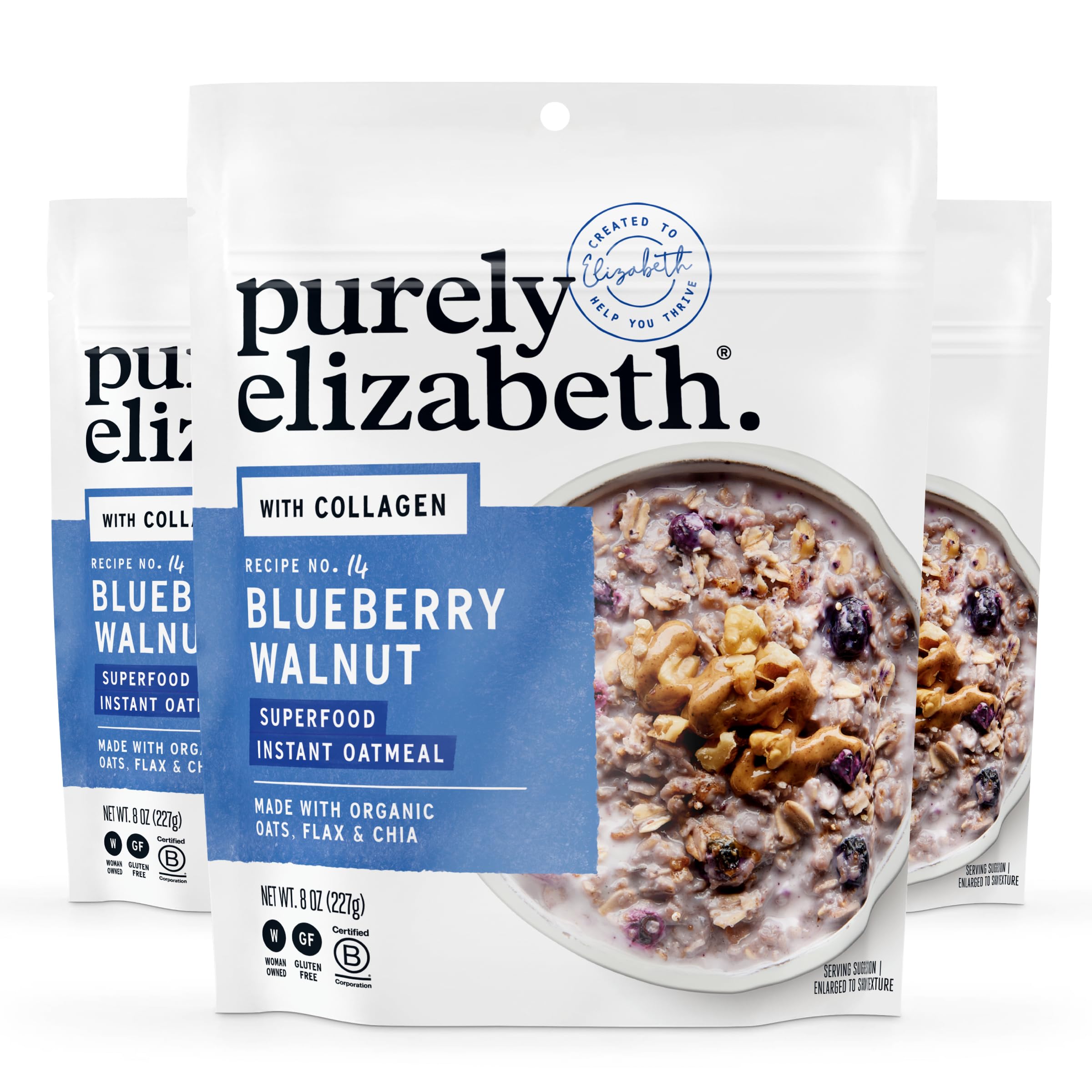 Purely Elizabeth Collagen Oatmeal, Blueberry Walnut, Made with Organic Oats, Amaranth, Quinoa, and Chia Seeds, Gluten-Free, Non-GMO (3ct, 8oz Bags)
