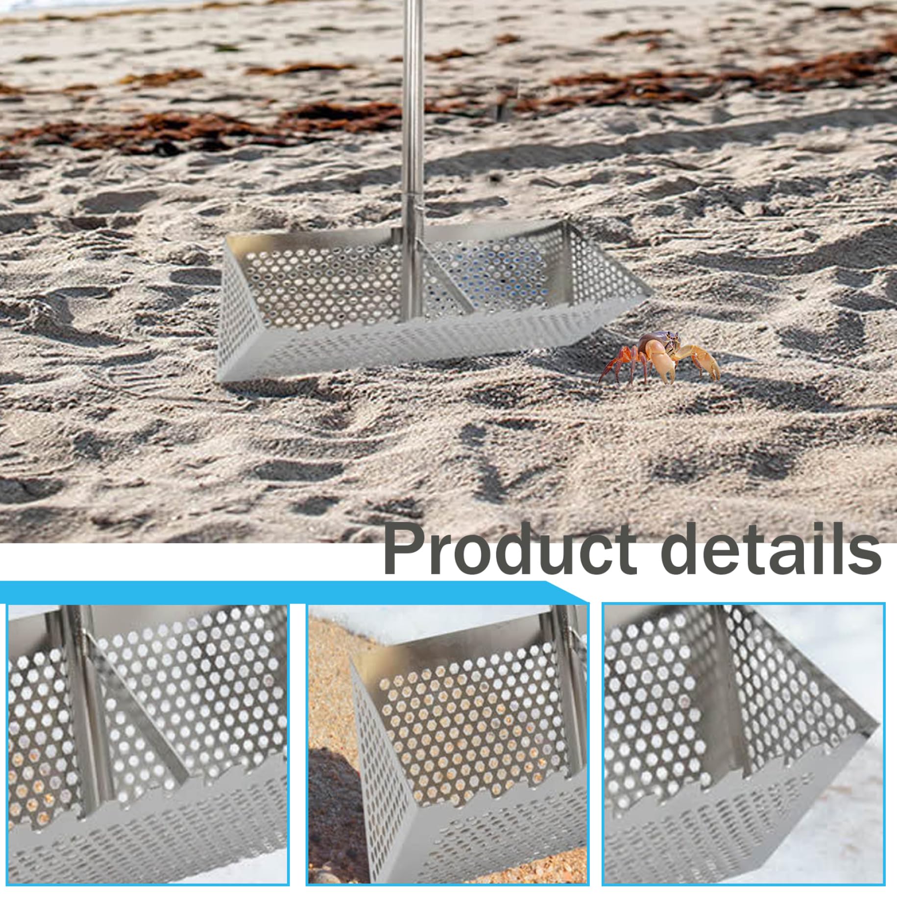 Râteau anti-puces en acier inoxydable pour la plage à long manche - Tamis à dents de requin - Outil pour un retrait facile du sable - Parfait pour peigner la plage et piéger les crabes