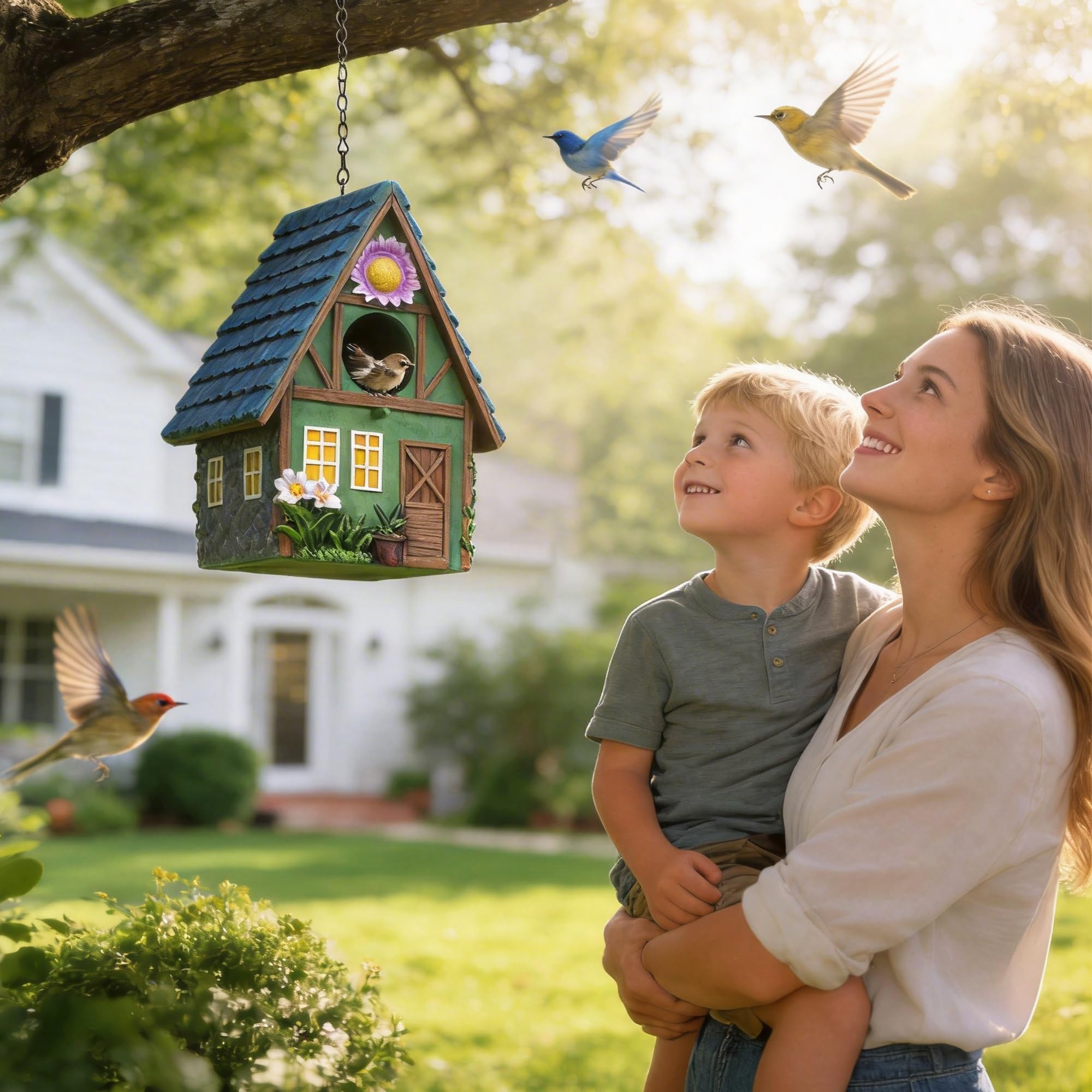 Vogelhaus für Draußen, Attivolife Bunte Vogelnistkästen aus Kunstharz mit Kette zum Aufhängen, als Dekoration für Garten und Hinterhof, Ideal für Blaumeisen Finken, Geschenk für Vogelfreunde Familie