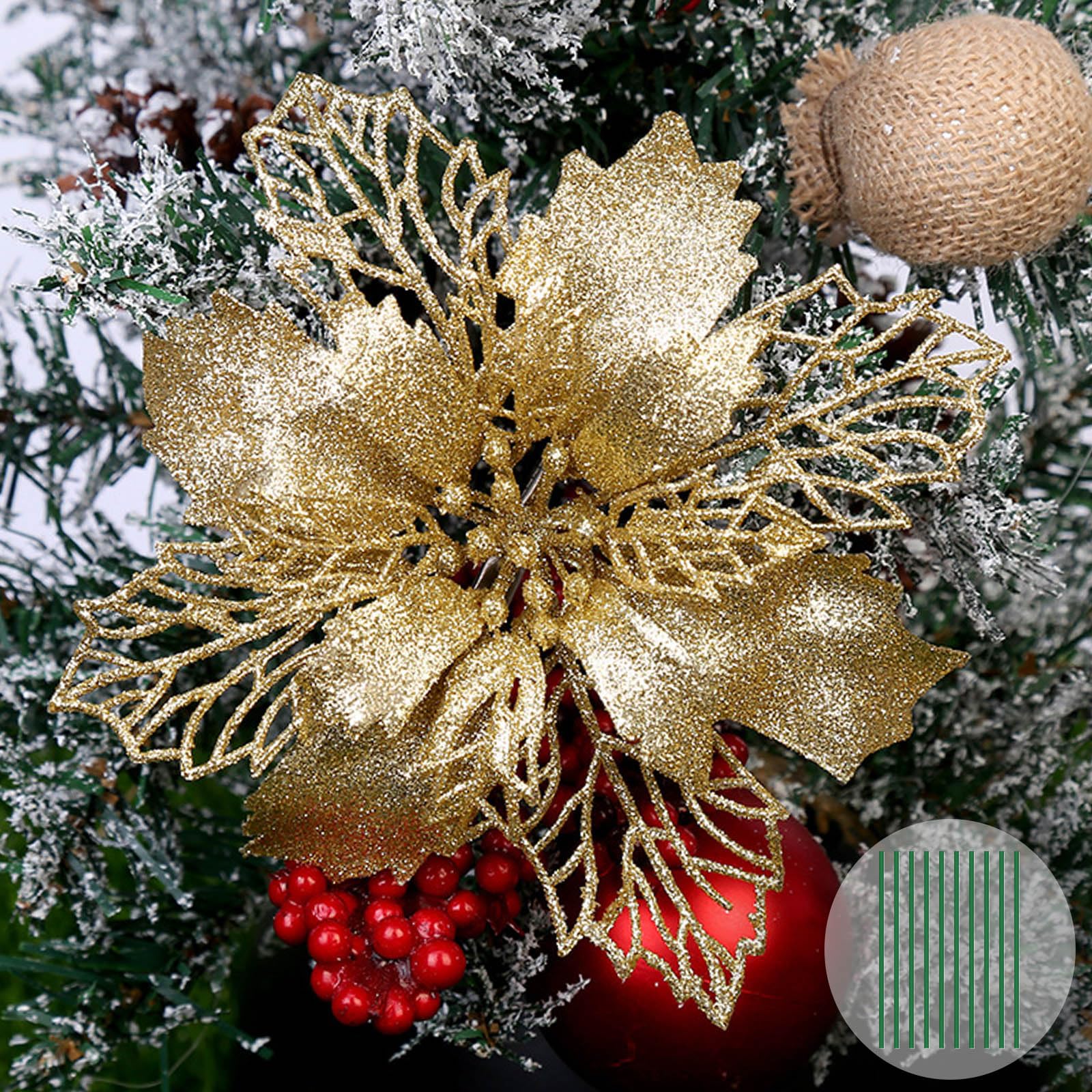 Yueshop Gold 10 Pcs Christmas Flowers Large (15Cm) Poinsettia Glitter Flower Christmas Tree Hanging Party Xmas Decor(Gold)