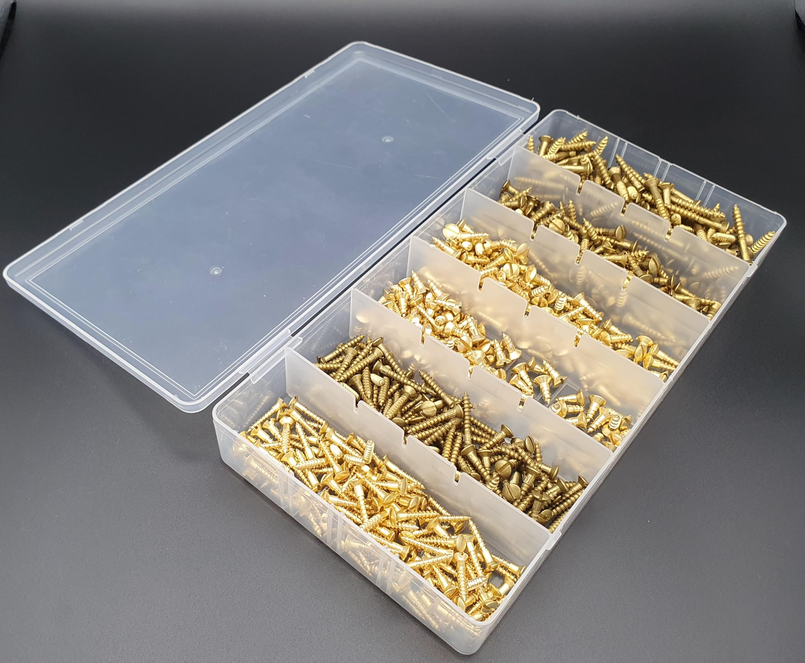 300 tlg. Set | Messing Holzschrauben Sortiment DIN 95 – Linsensenkkopf Schlitz – Messing Blank – 1,6mm & 2mm Durchmesser in praktischer Aufbewahrungsbox