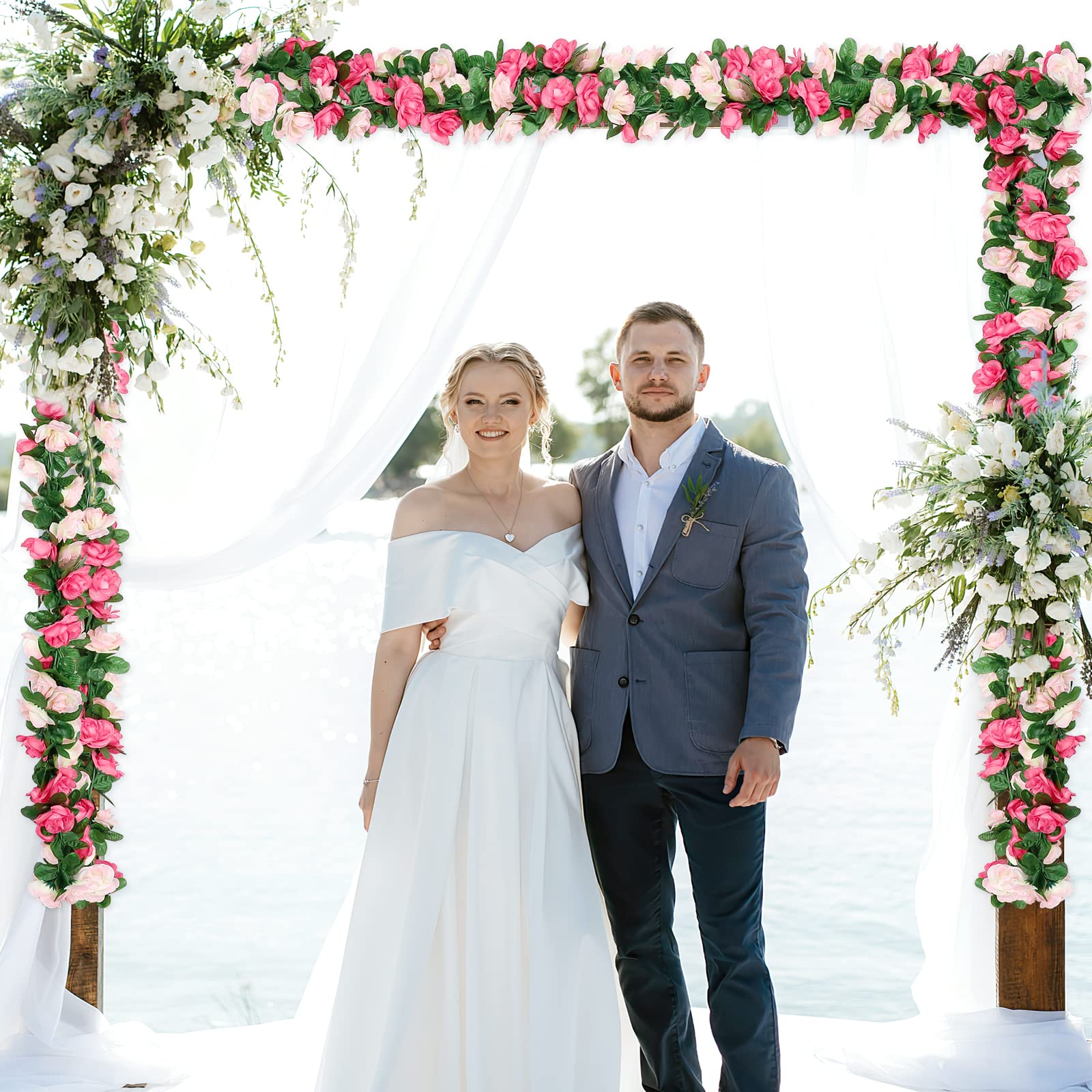 Weldomcor 5 Pezzi da 2,45 m Artificiale Ghirlanda di Fiori Rose Rosa Viti Fiori di Seta Appesa Rattan Ghirlanda All'aperto Decorazione Per Arco di nozze Camera da Letto Casa Giardino Decorazione