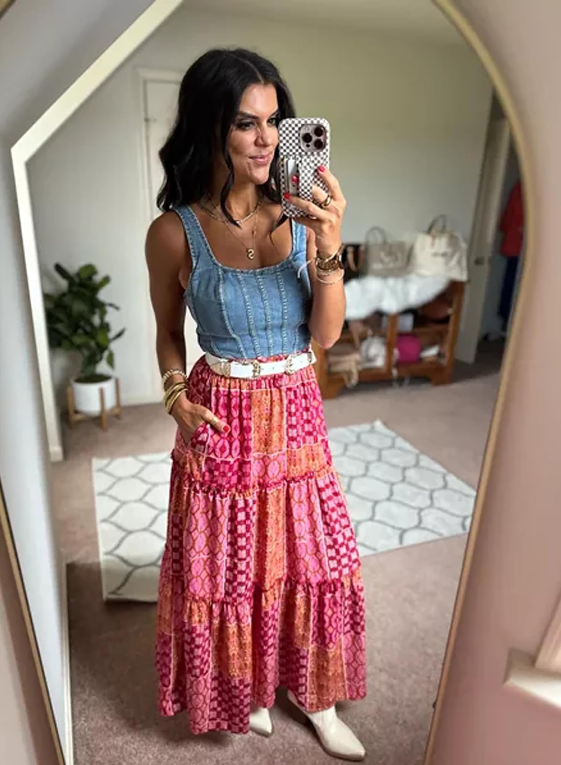 Timuspo Falda larga y elegante para mujer, estilo bohemio, informal, de línea A, color liso, con bolsillos, cintura alta, para la playa, para el tiempo libre