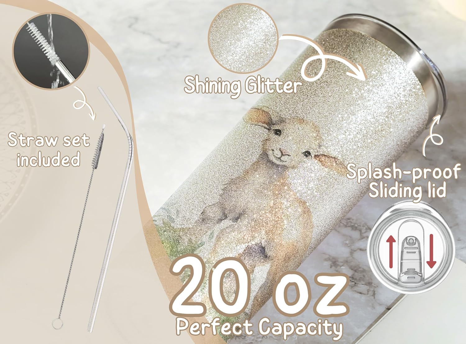 Onebttl Sheep Gifts, Sheep Tumbler for Sheep Owner & Lover, 20oz Stainless Steel Sliver Glitter Tumbler with Spill-Proof Lid, Gift Card & Box Included - Image 6