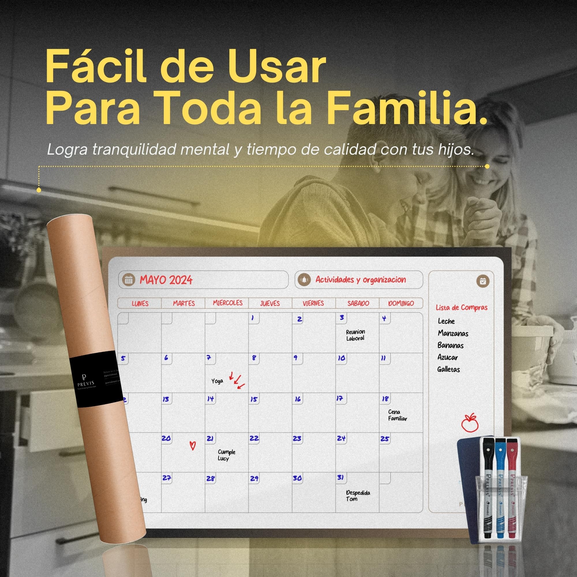 PREVIS Pizarra Calendario Pared Adhesivo A2 60x40cm con 3 Rotuladores - Planificador Mensual Cocina, Escritorio, Habitación, Oficina - Wall Calendar 2026 Planner