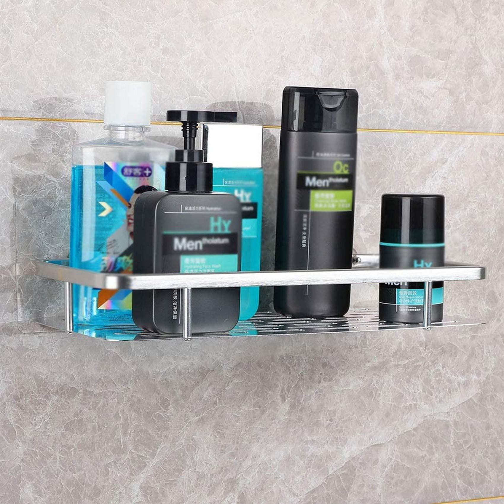 Wall Mounted Shower Caddy Antirust No Drilling Bathroom Shelf Toilet Silver Drain Stand 1 Tier Bracket Hotel Rectangle