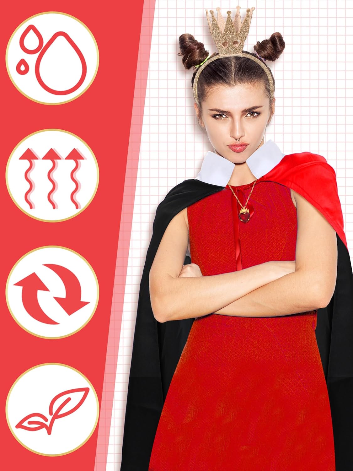 Toulite 5 Pcs Heart Women Costume Kit for Women Crown Red Heart Tights Stockings Necklace Queen Wand Cloak Halloween Costume - Image 5