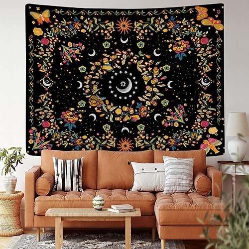 Miniatura 2 de TTYQXZ Tapiz de pared bohemio Tapiz floral de vid para colgar en la pared, tapiz celestial, luna y estrella, hippie para decoración del hogar,
