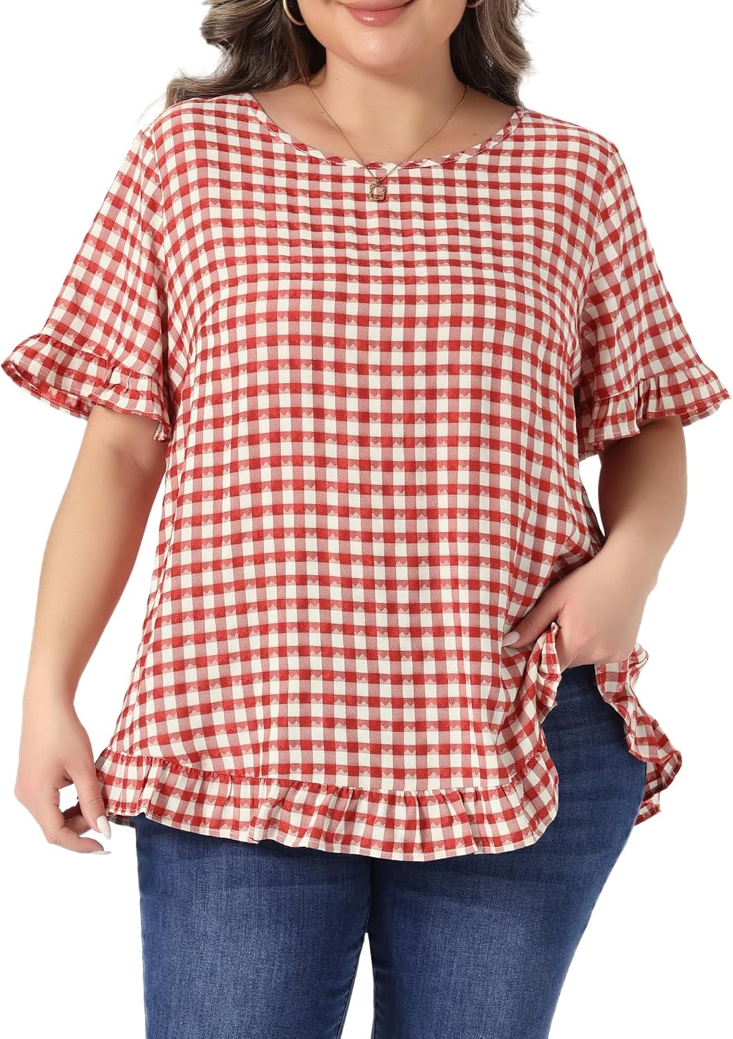 Agnes Orinda Plus Size Gingham Tops 1950s Vintage Plaid Round Neck Ruffle Sleeve Back Button Blouses