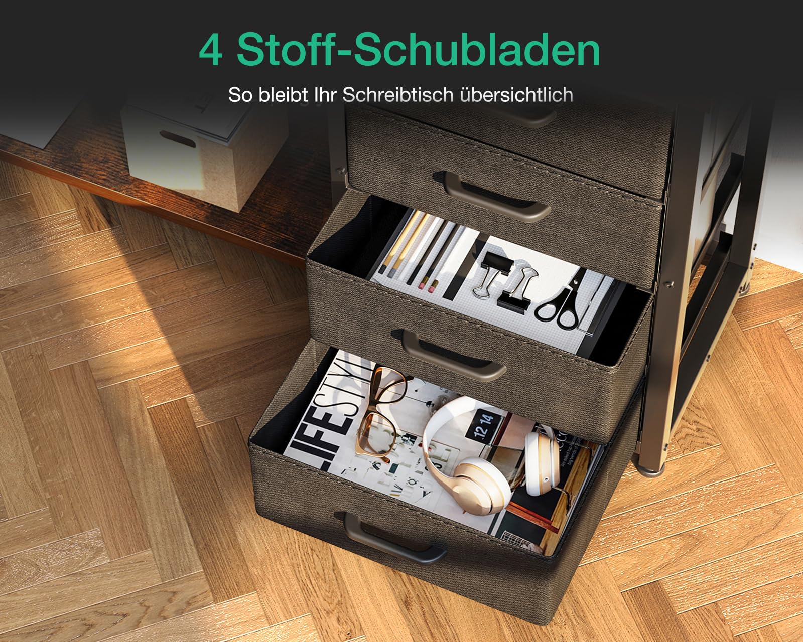 ODK Schreibtisch mit Schubladen, 155×110cm Reversible Eckschreibtisch mit 2 Steckdosen und 2 USB Ladeanschluss, Bürotisch L Form mit LED für Home Office, Vintage-braun