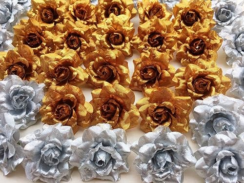 Miniatura 3 de 50 flores de seda, rosas doradas y plateadas, cabeza de flor – 1.75 pulgadas – cabezas de flores artificiales de tela, suministros florales al por