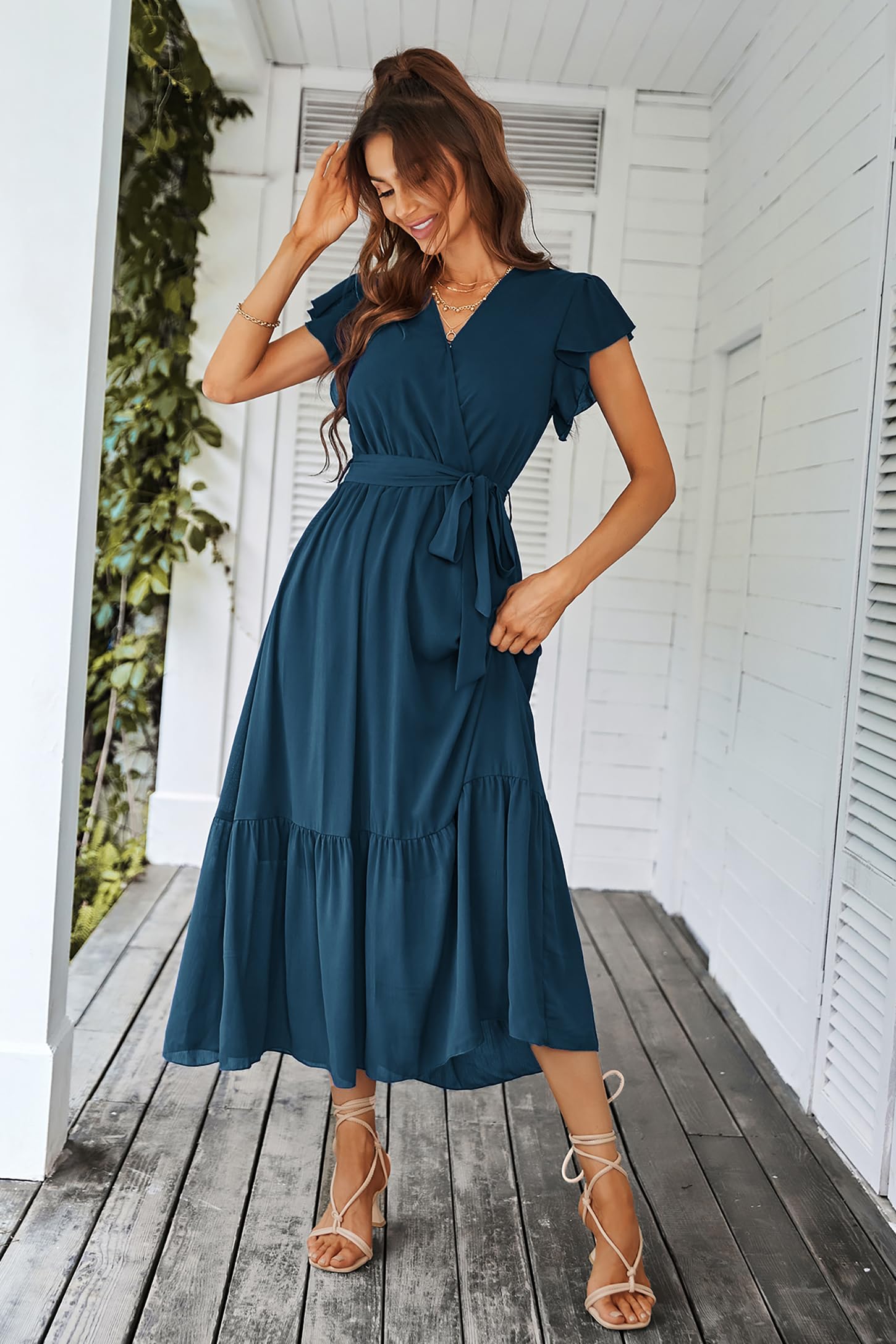 Awemeal Kleid Damen Sommer Elegant V-Ausschnitt Kurzarm Lang Sommerkleid Boho Blumenkleid mit Gürtel Rüschen Saum Wickelkleid Strandkleid A Linie Fließend Maxikleid