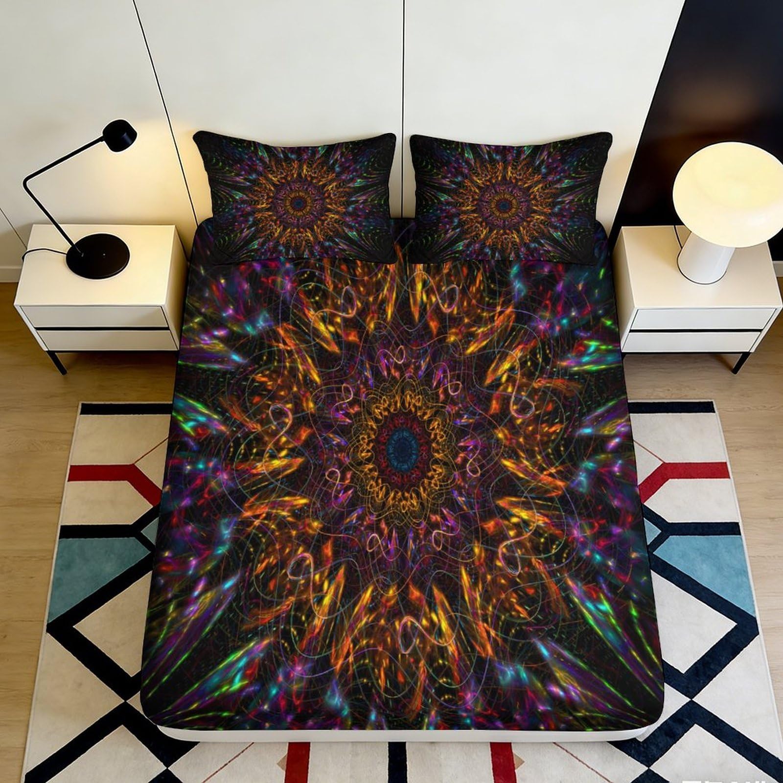 3D Printed Psychedelic Mandala Fitted Sheet Microfiber Vibrant Abstract Mattress Cover Bedroom Decor Anti-Slip 160x200x25cm