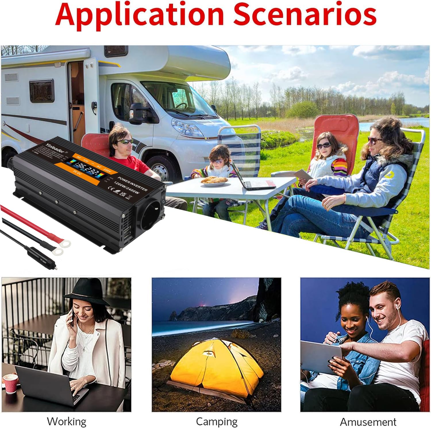 Yinleader Trasformatore di tensione 1200 W/2400 W 12 V 230 V Inverter Dual USB Power Inverter con 1 presa e display LCD, per auto, roulotte, barca, campeggio, viaggi