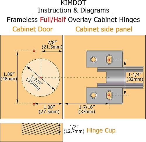 Miniatura 10 de KIMDOT Bisagras de gabinete de plantilla de inserción de cierre rápido sin marco de cierre suave cocinas baños euro bisagra