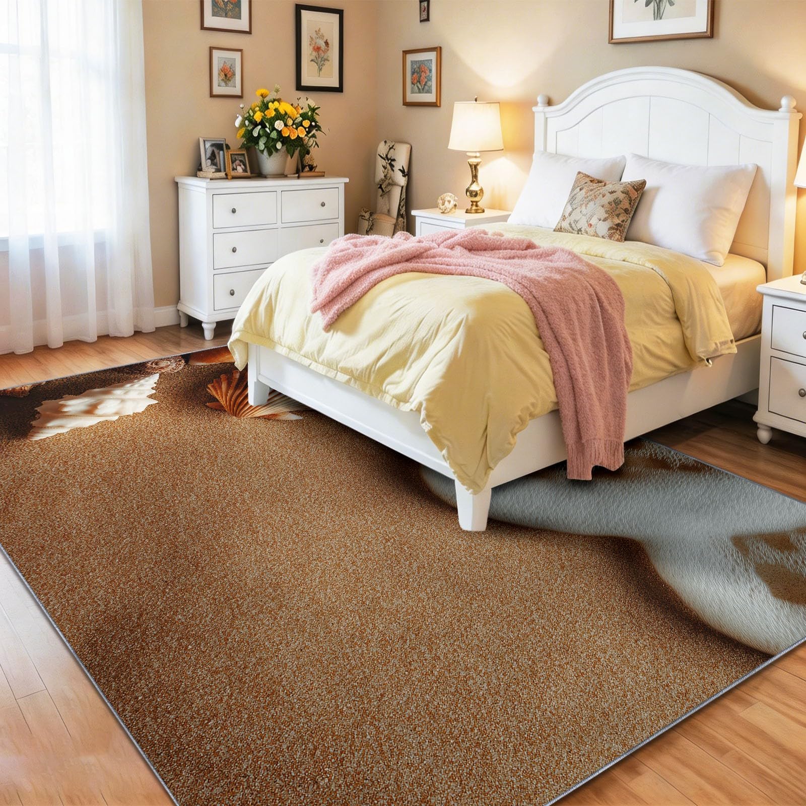 120 x 180 cm Tapis à Poils Courts lavables, Brun Plage Coquillages Vagues Antidérapant Carpet, Effet 3D Océan, pour la Chambre Manger à Coucher de Salon Salle de Bain Couloir