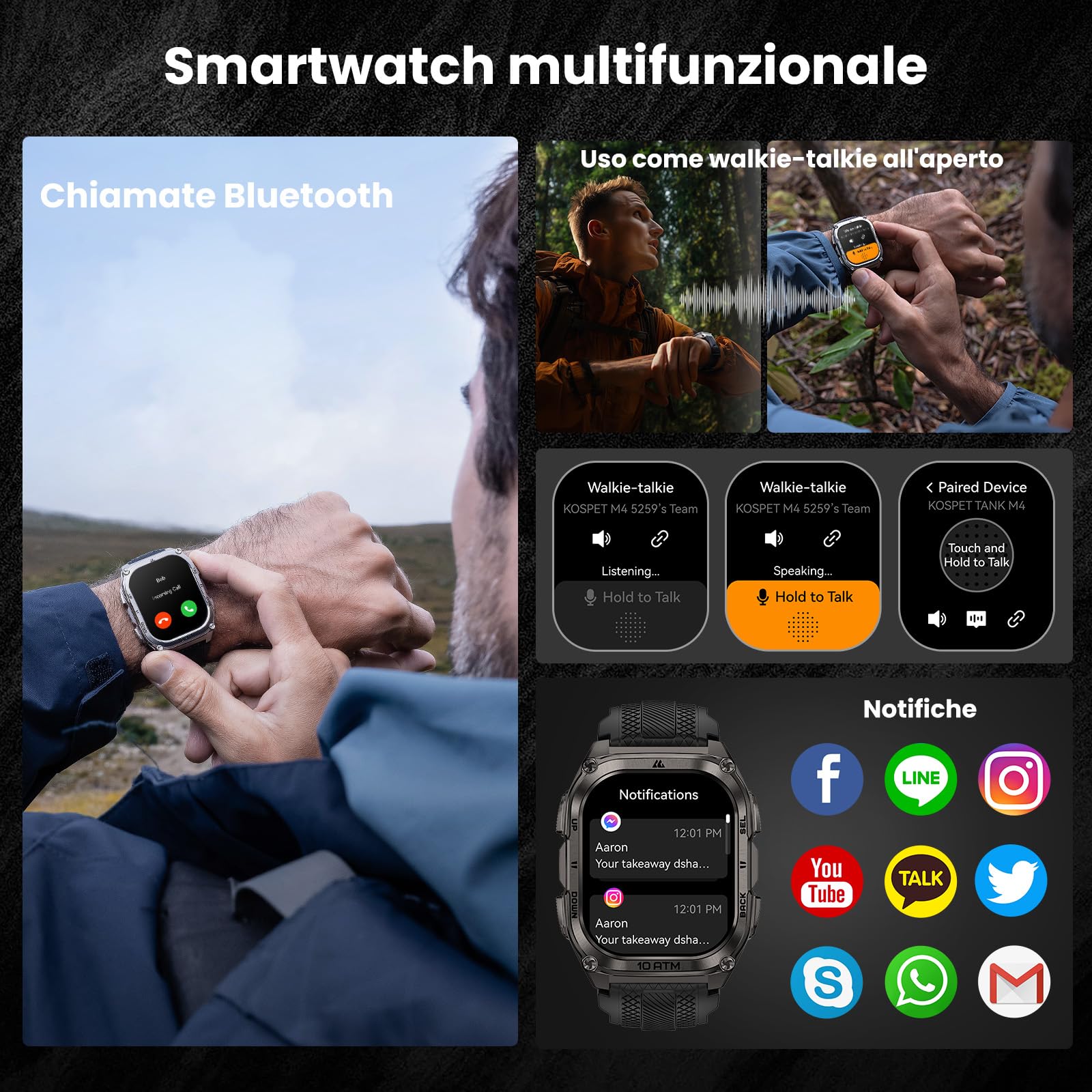 KOSPET Tank M4 Smartwatch Uomo Rugged, Impermeabile 45m, Mappa Offline | Supporta 6 Satelliti, Impermeabile 10ATM, Batteria 15 Giorni, Chiamata Bluetooth, 180+ Modalità Sportiva, Monitor Salute 24/7