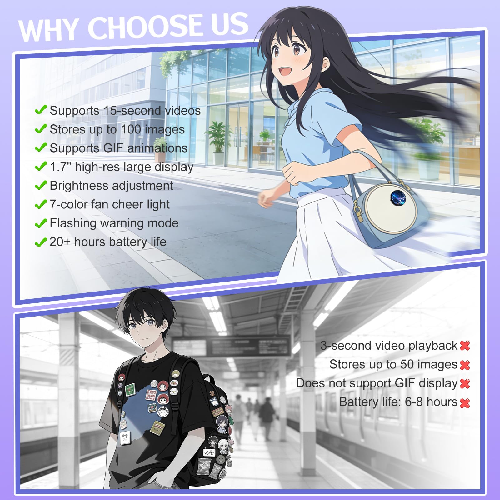 Insignia electrónica, alfileres de anime compatibles con imágenes y vídeos para mochilas, broche de pantalla táctil para mochilas, música, eventos escolares festivos (negro)