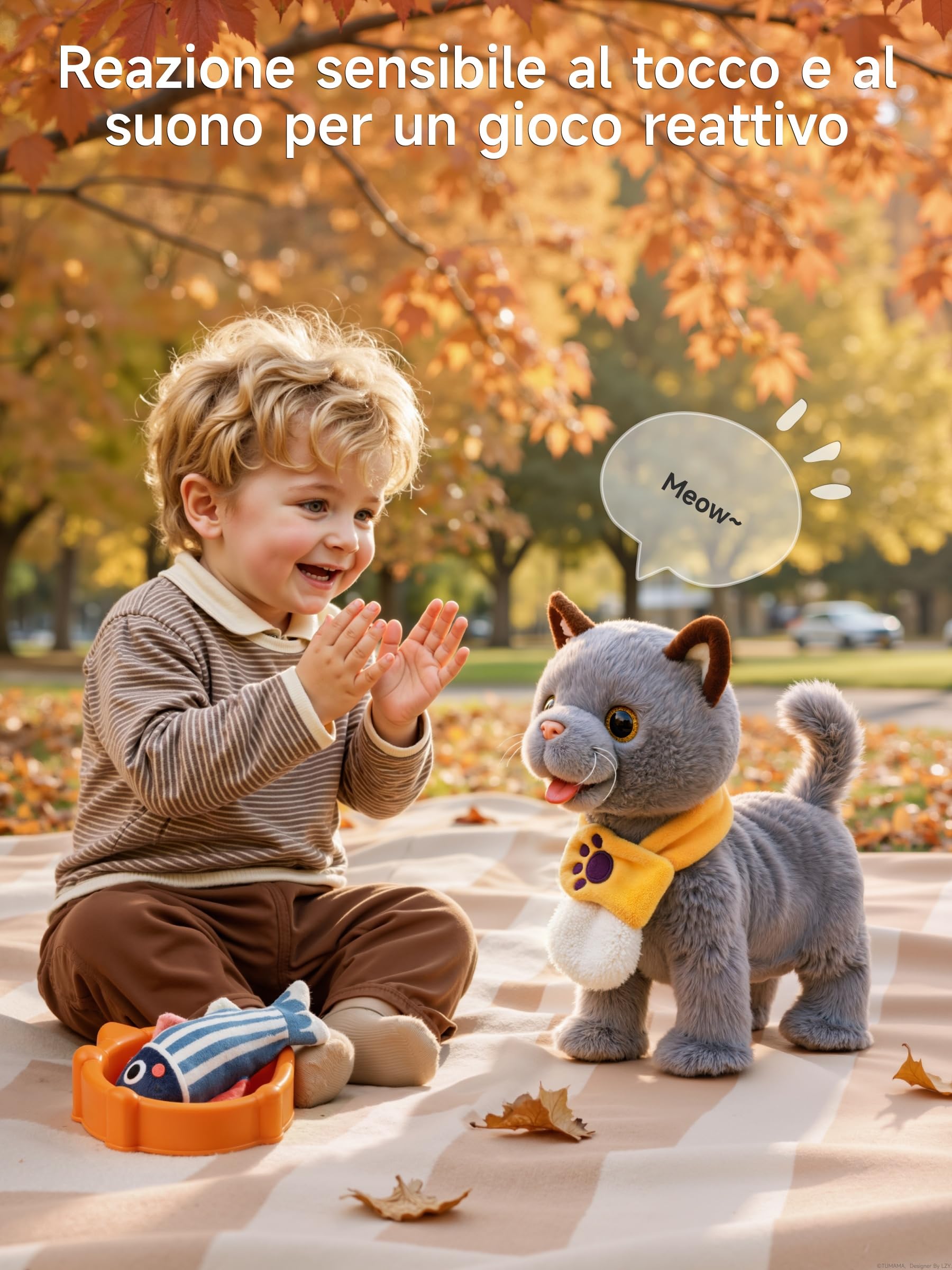 TUMAMA KIDS Giocattolo interattivo per bambini con 6 musiche, peluche gattino con telecomando e guinzaglio che corre e abbaia, peluche elettronico gattino a partire dai 2 anni - camminare, miagola
