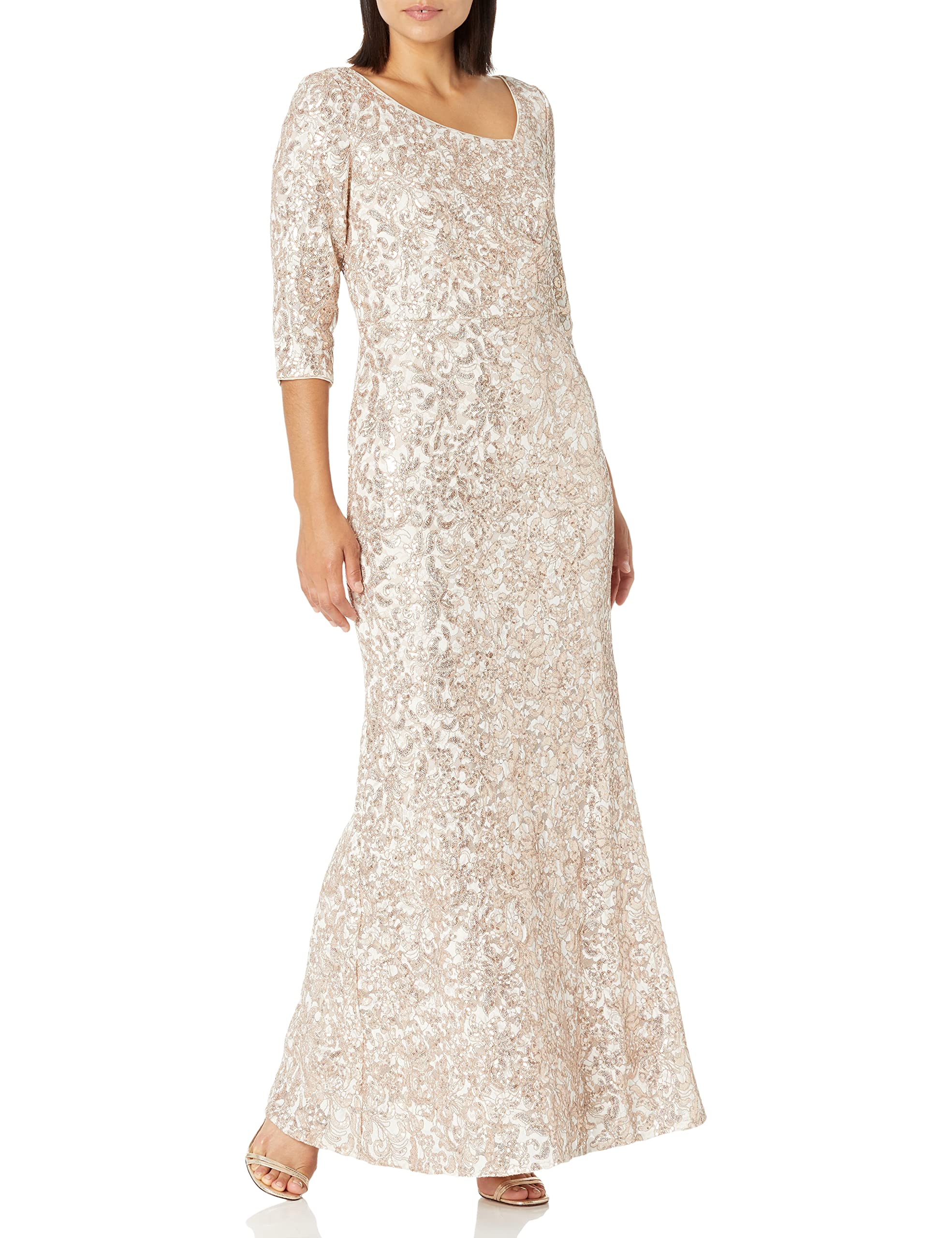 Alex Evenings Womens Long Sequin Dresses with ¾ Sleeves