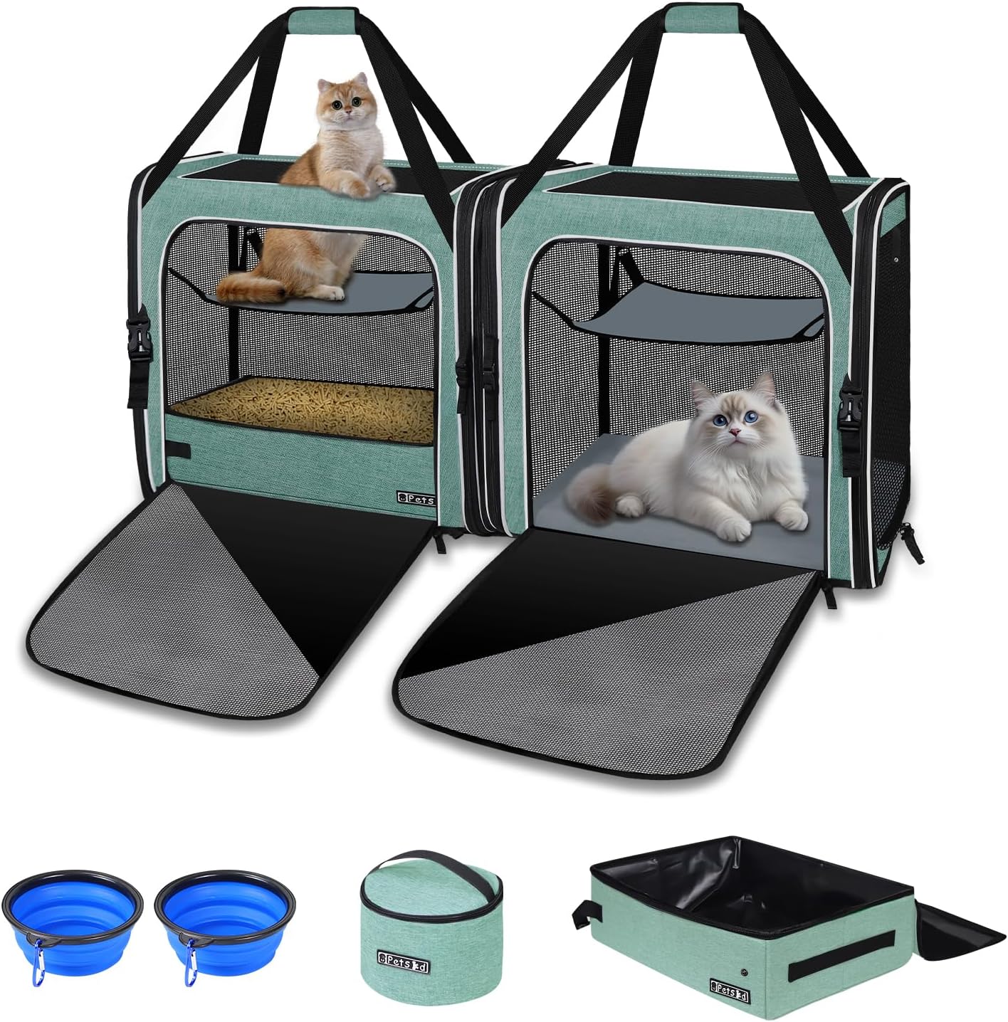 Petskd 2 in 1 Double Cat Car Travel Carrier with Litter Box, 38"x17"x18" Dual Extra Large Cat Carrier for Several Cats, Portable Cat Carrier with Zipper Locks for Longer Road Trips (Green)