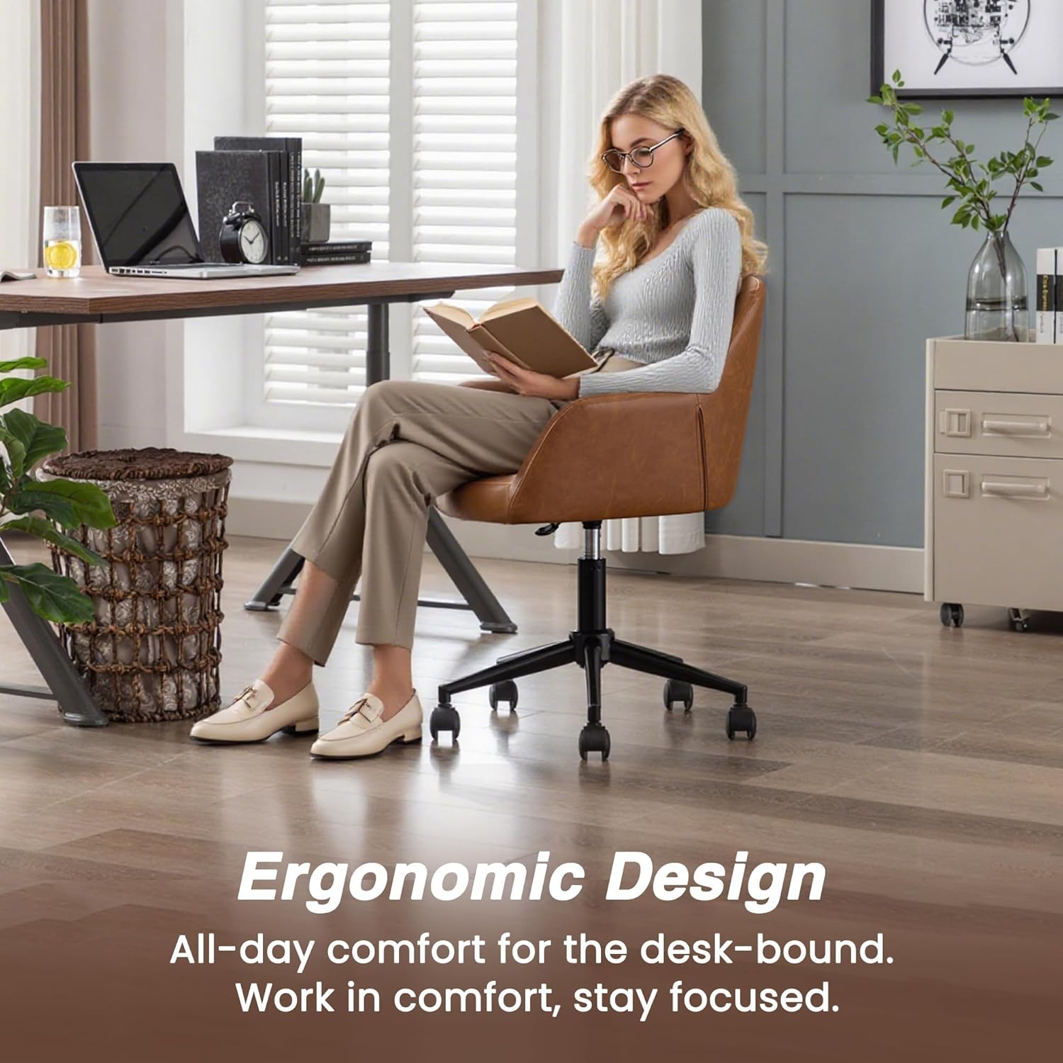 HNY Modern PU Leather Office Desk Chair, Height Adjustable Comfy Swivel Vanity Make up Chair with Wheels for Living Room Home Office Computer, Brown