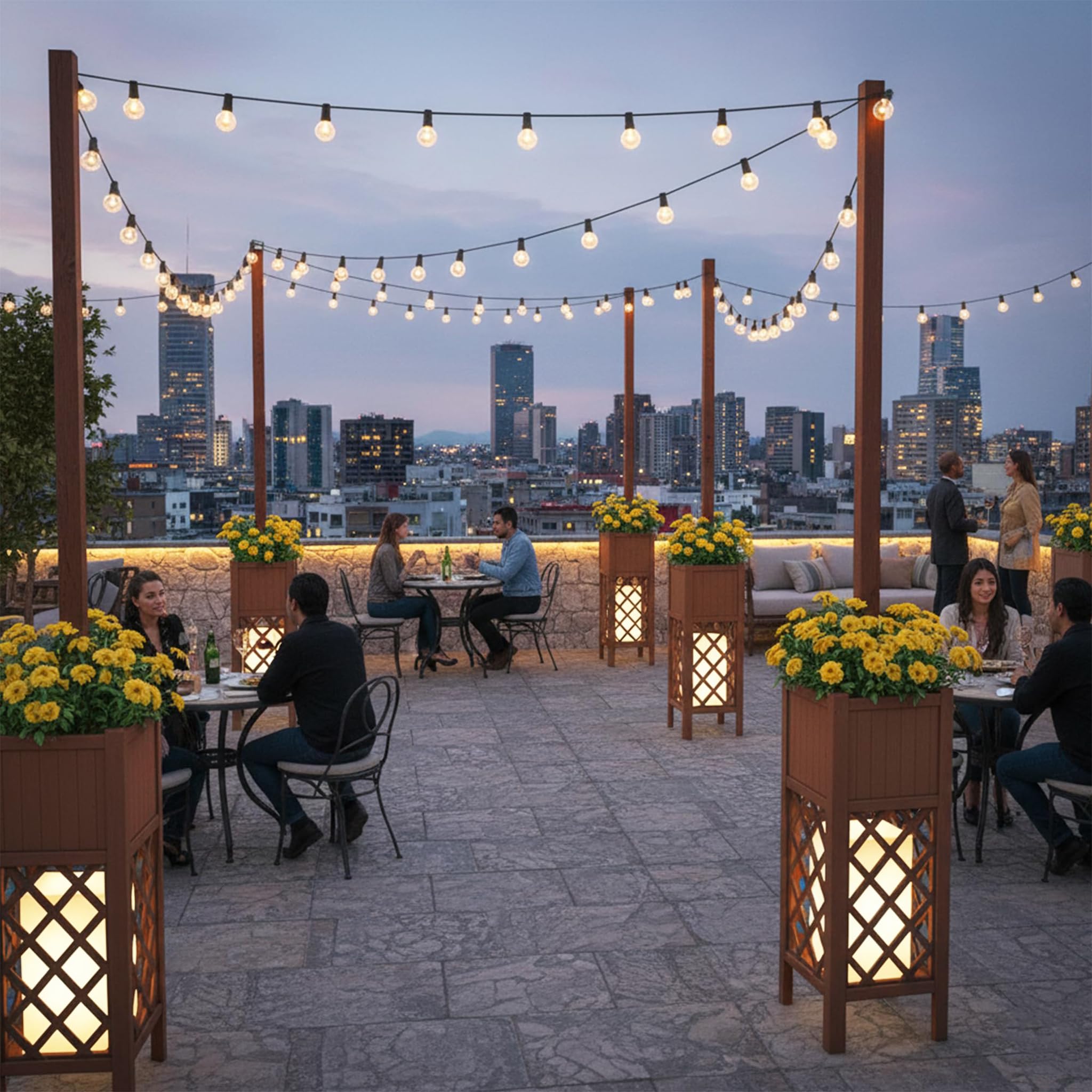 Set di 2 Pali per Catene Luminose da Esterno con Fioriera, Altezza 264cm, Legno Massiccio Resistente alle Intemperie & Antivento, Supporto 3-in-1 per Giardino, Terrazzo & Matrimoni (Senza Decorazioni)