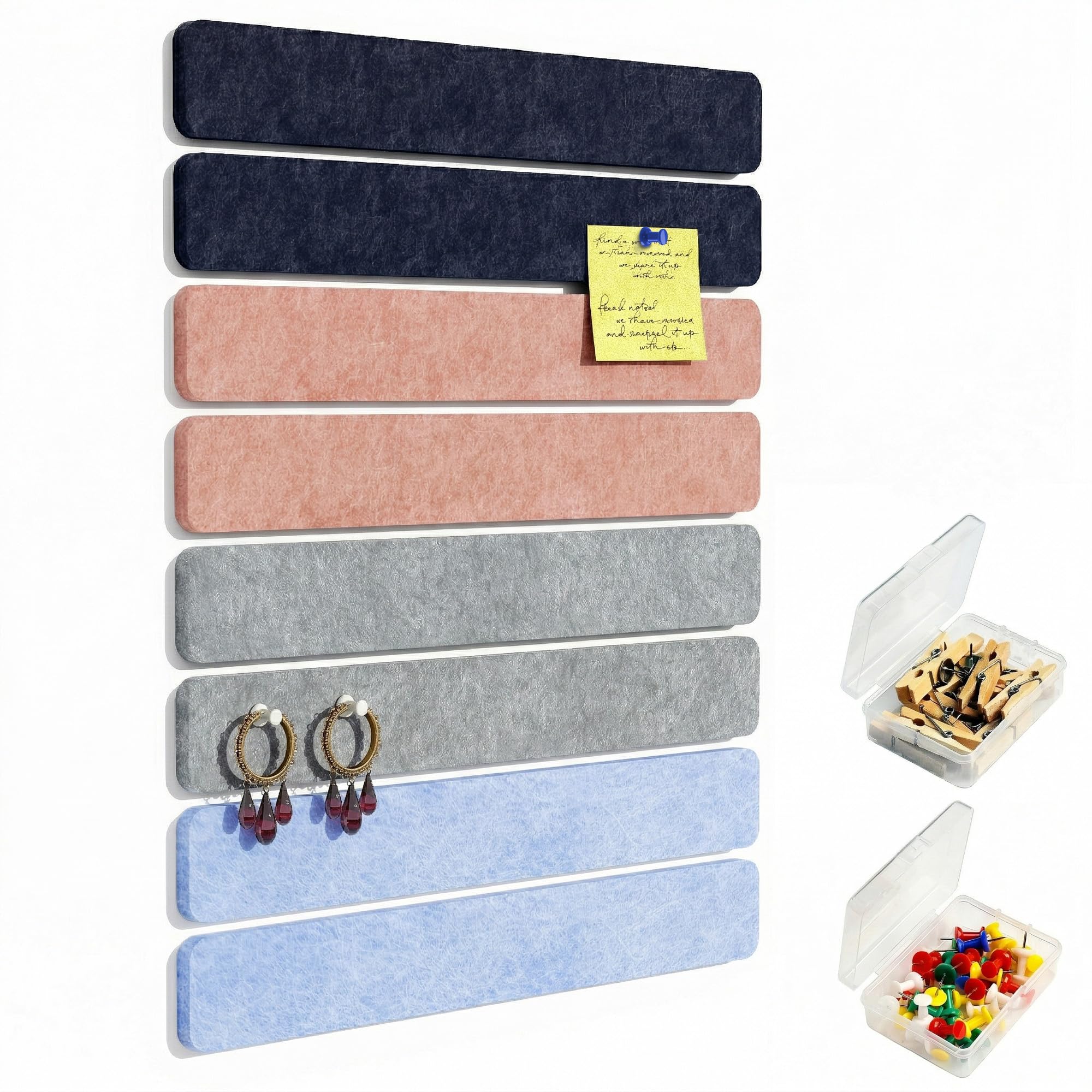 Uoisaiko Felt Pin Board Bar 38cm x 5cm, 8 Pack Cork Board Bulletin Board Strips with 40 Push Pins, Home Office Memo Notice Boards Felt Wall Tiles Misty Macaron