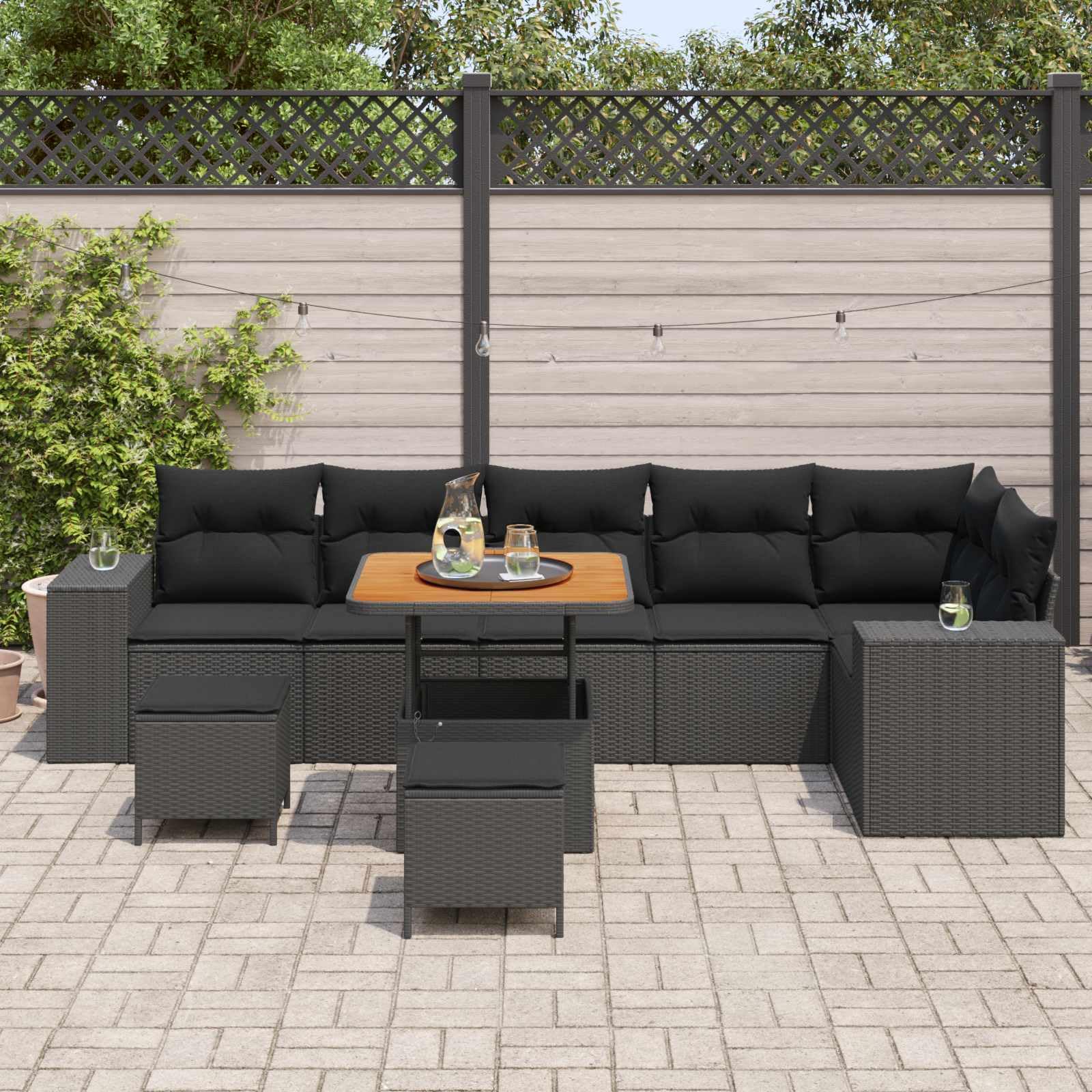 Juego de sofá de jardín de 9 piezas, color negro, polirratán con cojín, mesa de madera de acacia y espacio de almacenamiento, sofá modular al aire libre para patio, diseño duradero