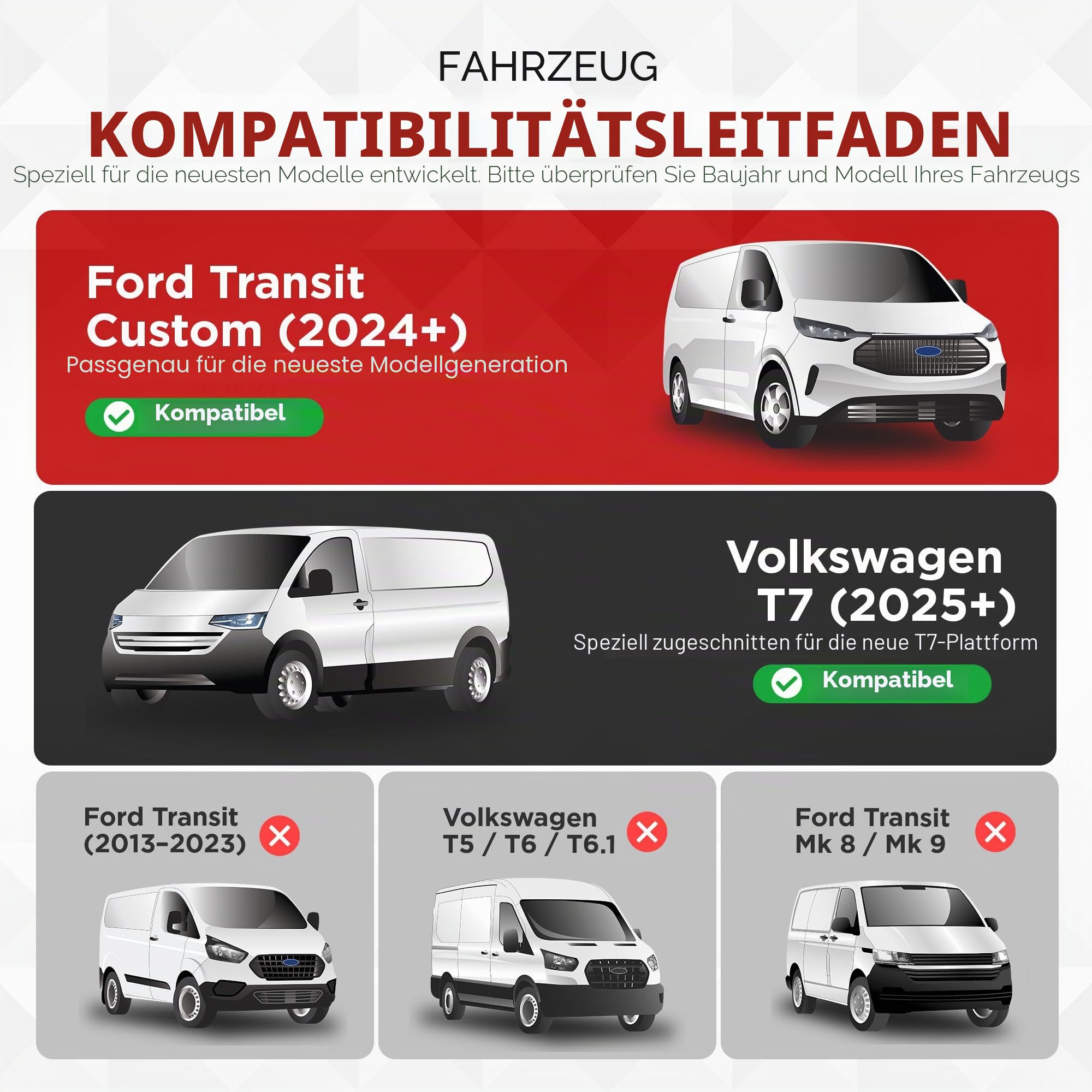 Passend für: Ford Transit Custom 2023+ Windabweiser & VW Transporter T7 (2025+) Scheibenabweiser – 2-teiliges externes Set, getönt, Premium-Aufklebe-Windabweiser für Fahrer und Beifahrer, Reduzierung