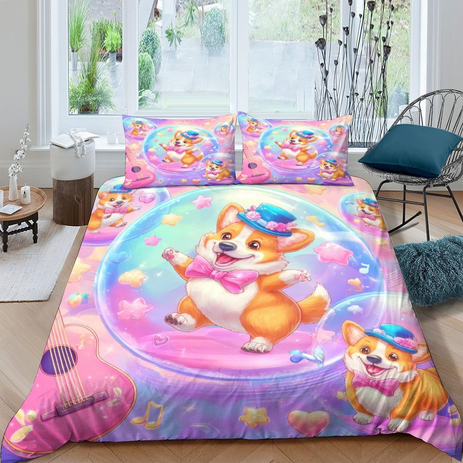 Ctjqhvkz Style-10 3D Printed Cartoon Corgi Circus Fitted Sheet Microfiber Soft Pink Bed Cover For Bedroom Dorm Mattress Decor Single（135X200cm）