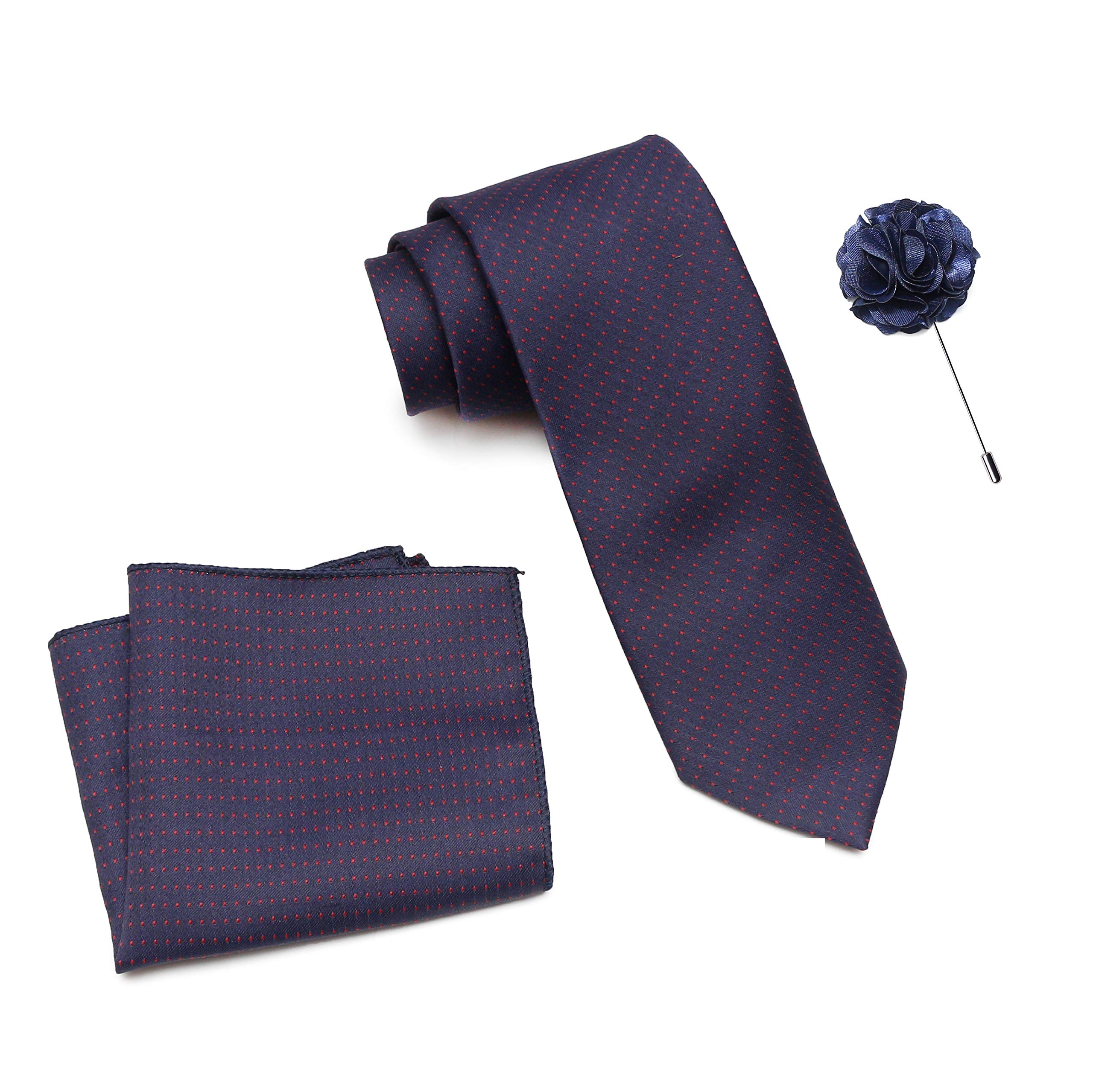 rizoro Mens Plaid Dotted Silk Necktie Tie Gift Set With Pocket Square & Brooch Pin Formal Tie Set (D1RS, Free Size)-picture-20