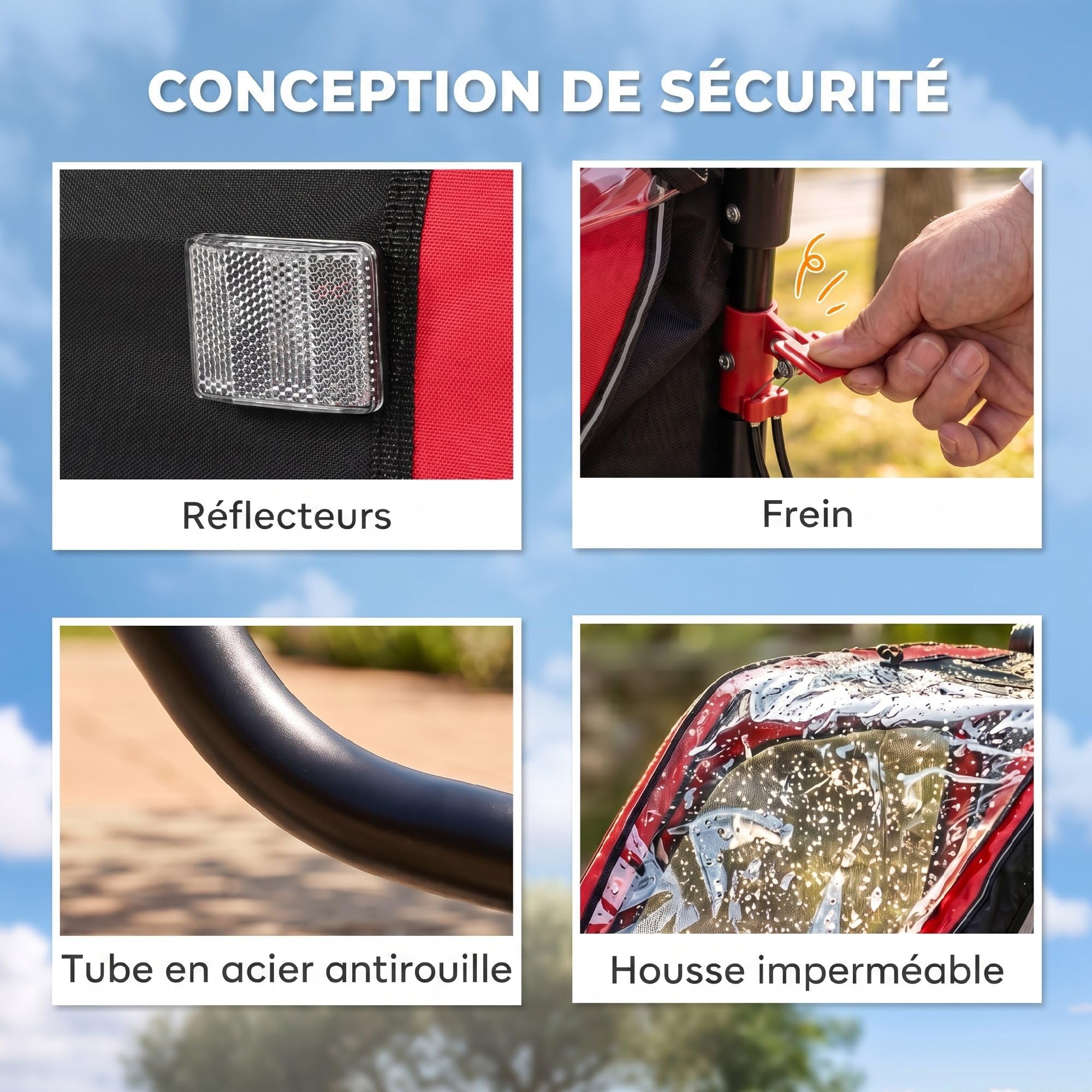AIYAPLAY Remorque vélo Enfant 2 Places 2 en 1, Poussette vélo bébé avec Guidon réglable, Frein à Main, Ceinture de sécurité 5 Points, Fanion de sécurité, attelage Universel, jusqu'à 38 kg, Rouge