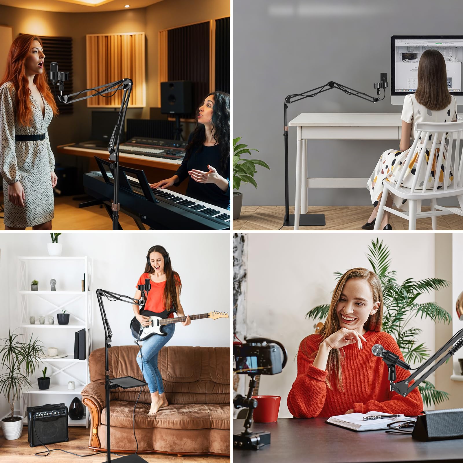 BILIONE Mikrofonständer Boden-Galgenarm mit Ablage, 2,5 kg gewichtete Basis, Höhenverstellbar, Universal Mic Clip + Adapter, Kabelmanagement für Streaming/Podcast/Studio
