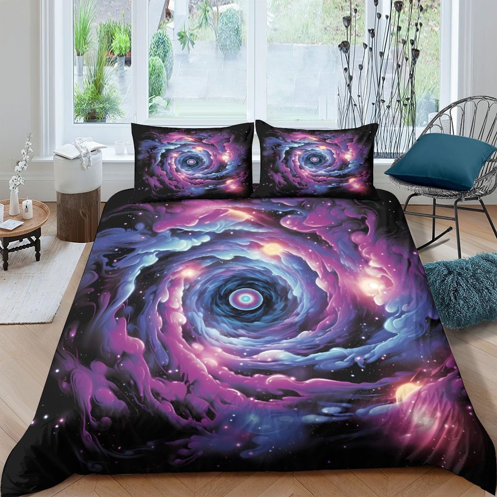 TUFRTGYHN 3D Printed Galaxy Starry Sky Duvet Cover Microfiber Soft Purple Cosmic Nebula Bedding Set with 2 Pillowcases for Bedroom Single（135x200cm）