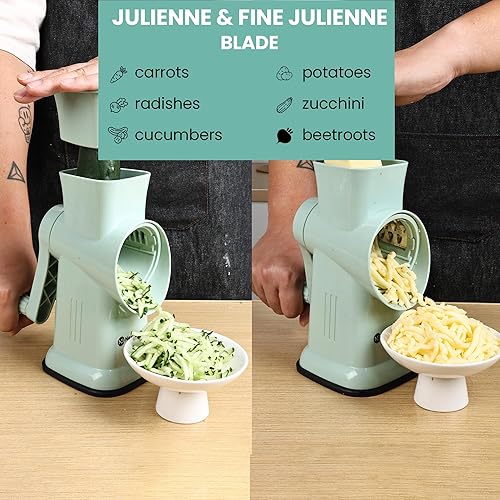 Miniatura 6 de Rallador de queso giratorio 6 en 1 con 6 cuchillas de acero inoxidable, triturador de queso con base de succión reforzada, rallador para queso,