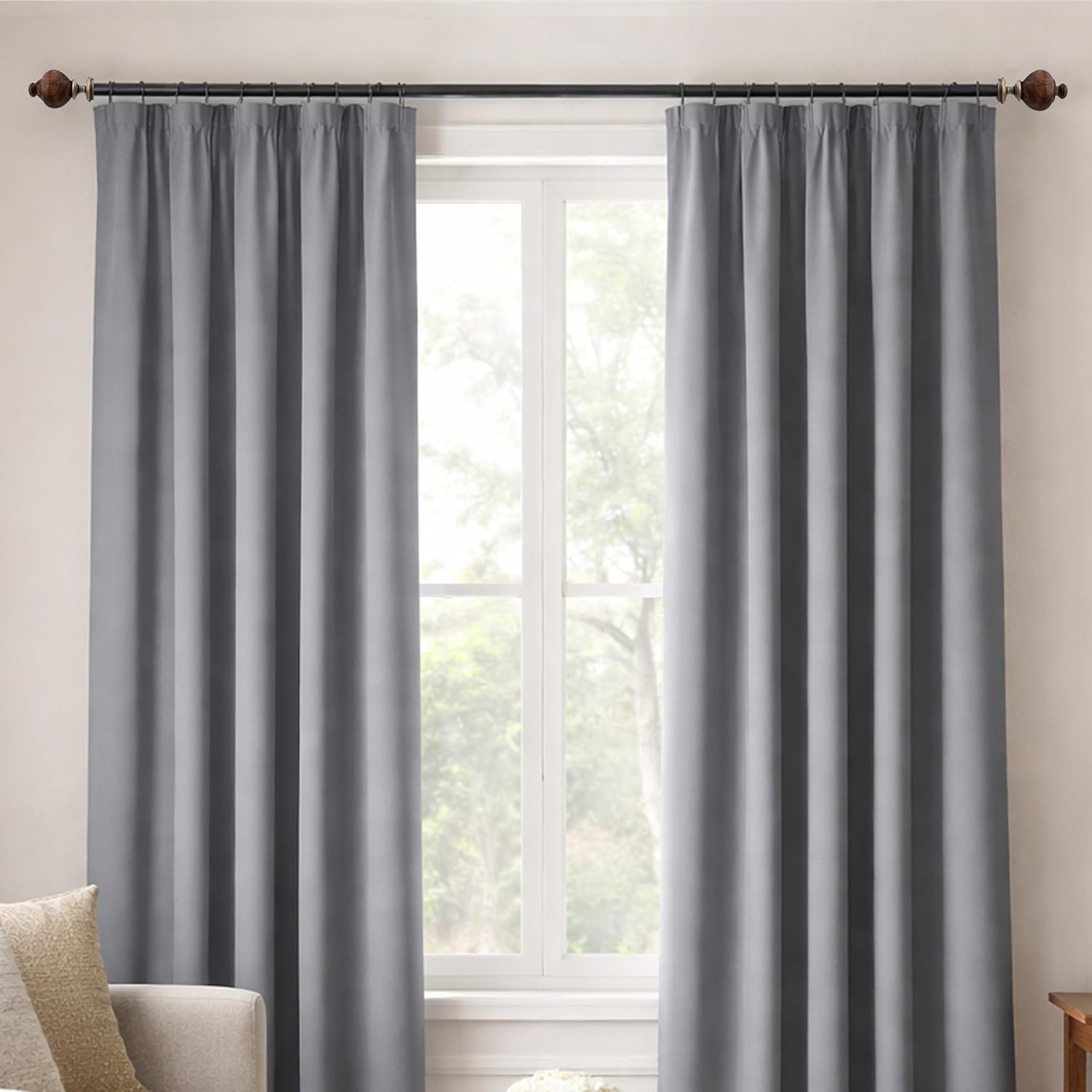 DECO WINDOW Curtain Rods for Windows 44-120 Inch, 1 Inch Heavy Duty Extendable Metal Drapery Rod, Adjustable Curtain Rod with Decorative Wood Trophy Finials for Living Room Bedroom, Brown Matt