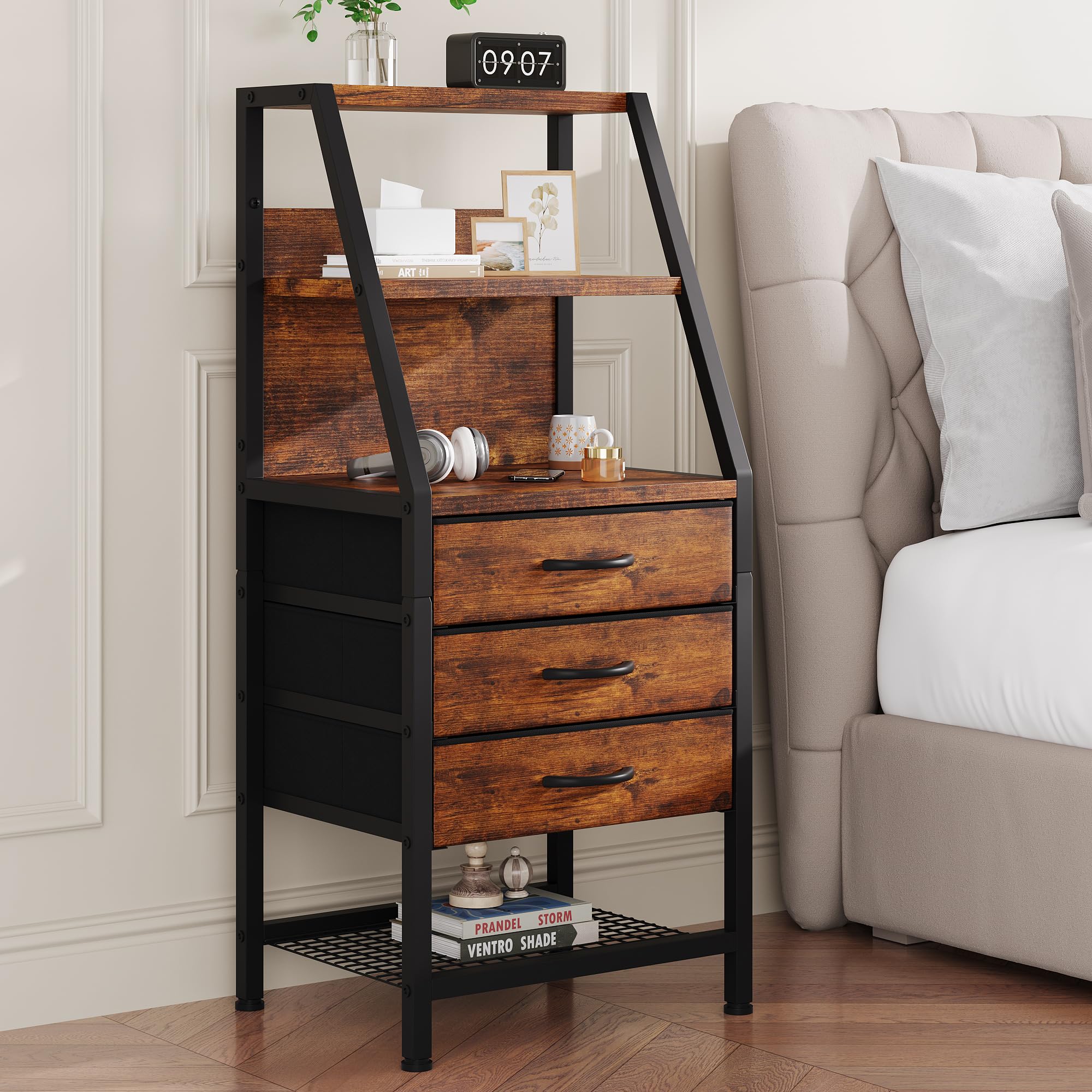 Feonase Breiter Nachttisch mit 3 Stoffschubladen und offenem Fach, geeignet für Schlafzimmer, Sofa und kleine Wohnzimmer, Vintage-Farben