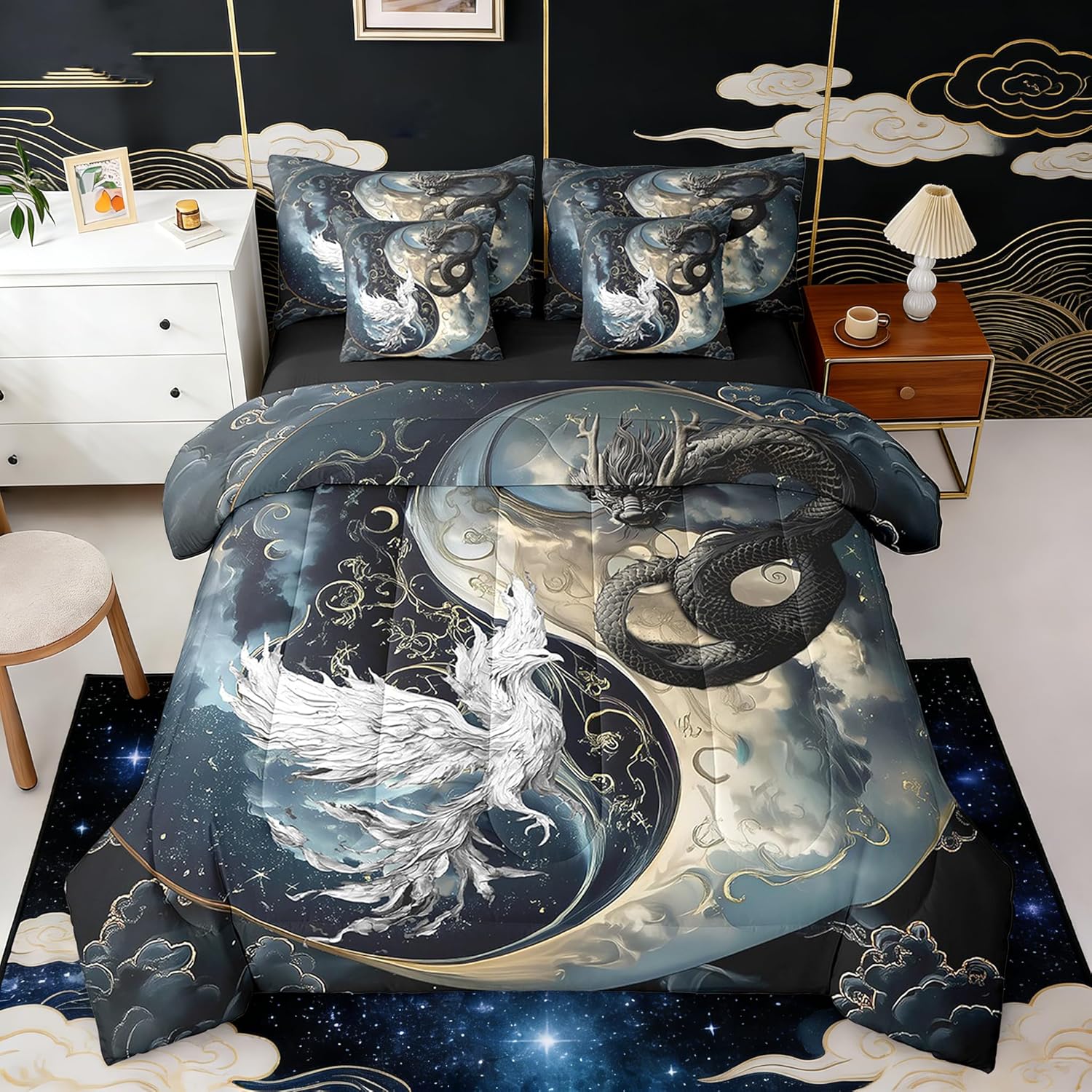 Erosebridal Dragon Bedding Set 7 Pieces Bed in A Bag,Japanese Ukiyoe Comforter Exotic Animal Queen Size Ancient Loong Phoenix Sheet Set for Boys Teen Bedroom, Yin Yang Comforter Set with Sheet