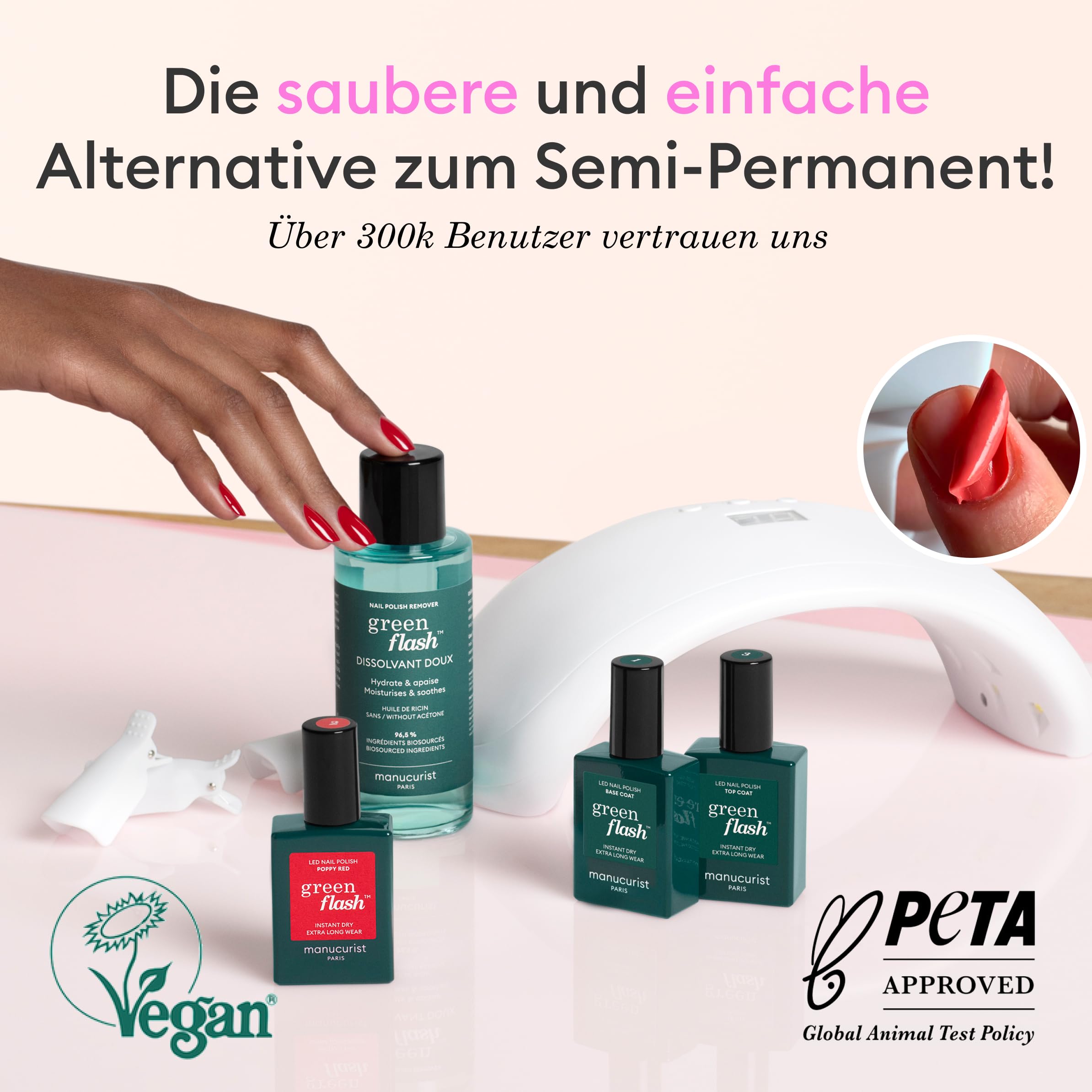 Manucurist UV Nagellack Set Slim Green Flash - Gel Nägel Set | LED UV Lampe für Gelnägel 24W + Base Coat + Top Coat Gel + Gel Nail Polish Hortencia + Nagellackentferner Acetonfrei + Clips