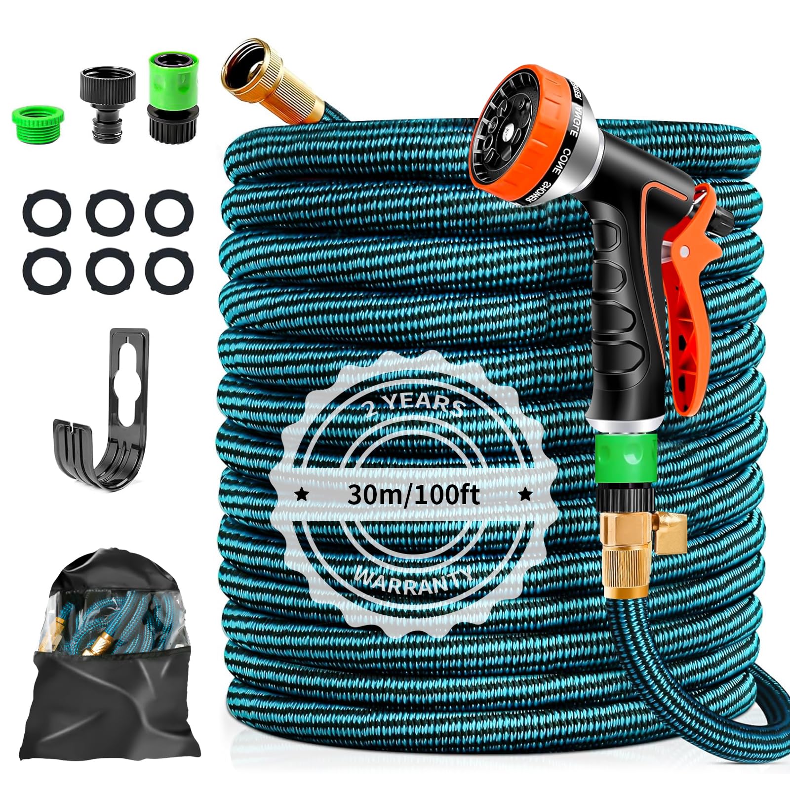 Tuyau D’Arrosage Extensible 30 M / 100 Ft Ultra-Résistant – 4 Couches Latex + 10 Modes Buse Multifonction + Raccords 1/2" & 3/4"