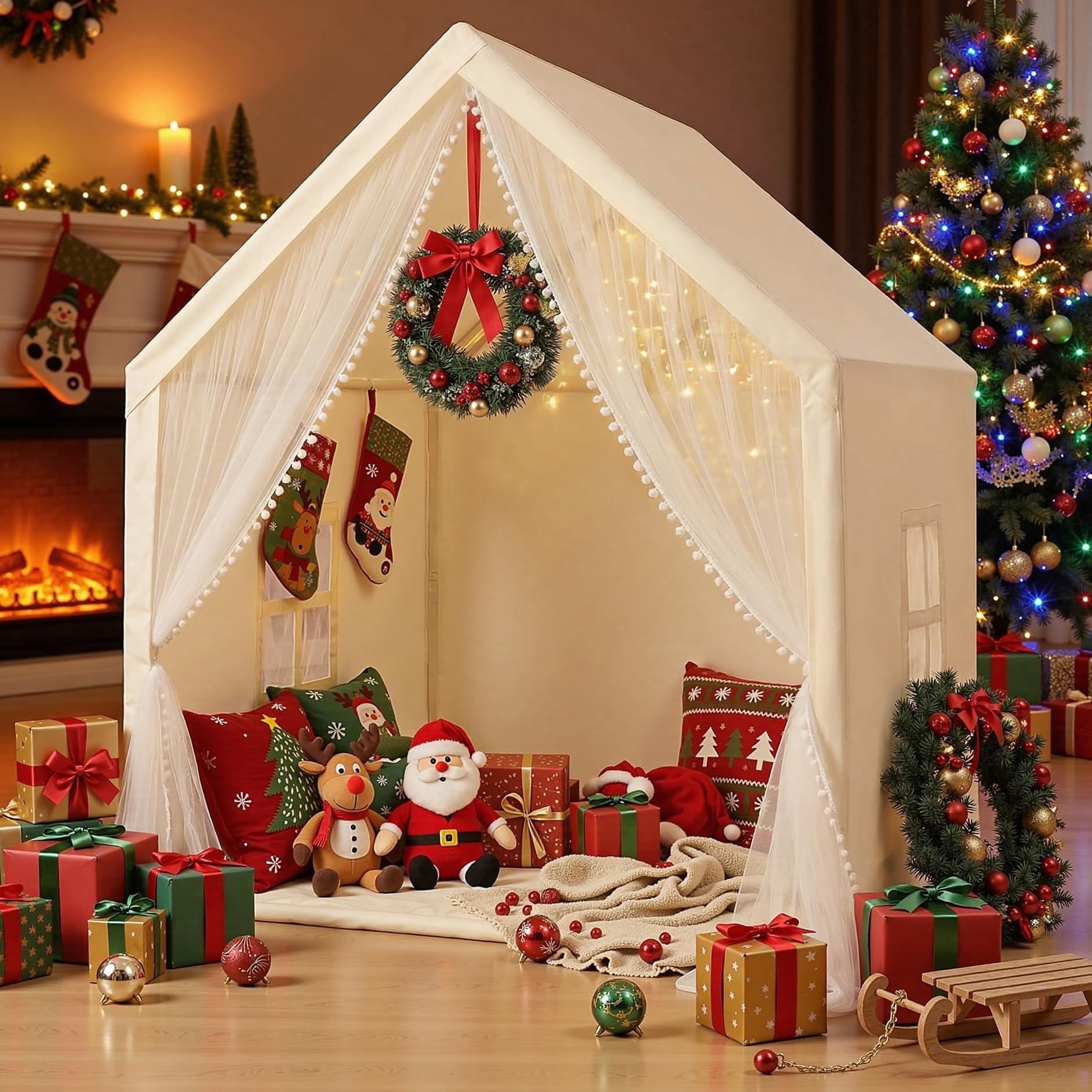 Kids Tent Beige Play Tent with Long Mesh Curtain Large Playhouse for Indoor Outdoor Play Cottage Castle Toy for Girls Boys House Gift (Beige Kids Play Tent)