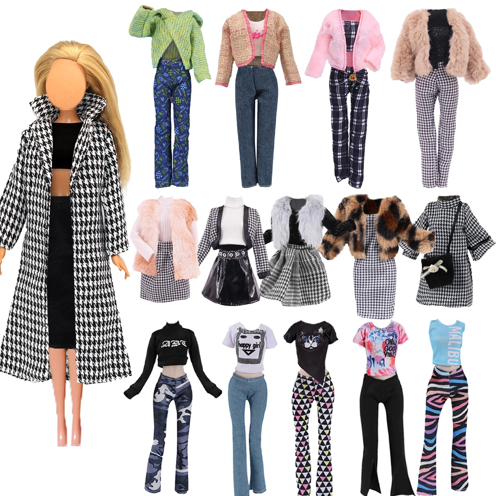 Photo 1 of 20 Pcs Doll Clothes for 11.5 inch Doll Include 1 Houndstooth Set 2 Winter Sets 1 Faashion Dress 1 Long-Sleeved Outfit and 16 Dolls Accessories in Random Christmas Birthday Gift for Girls