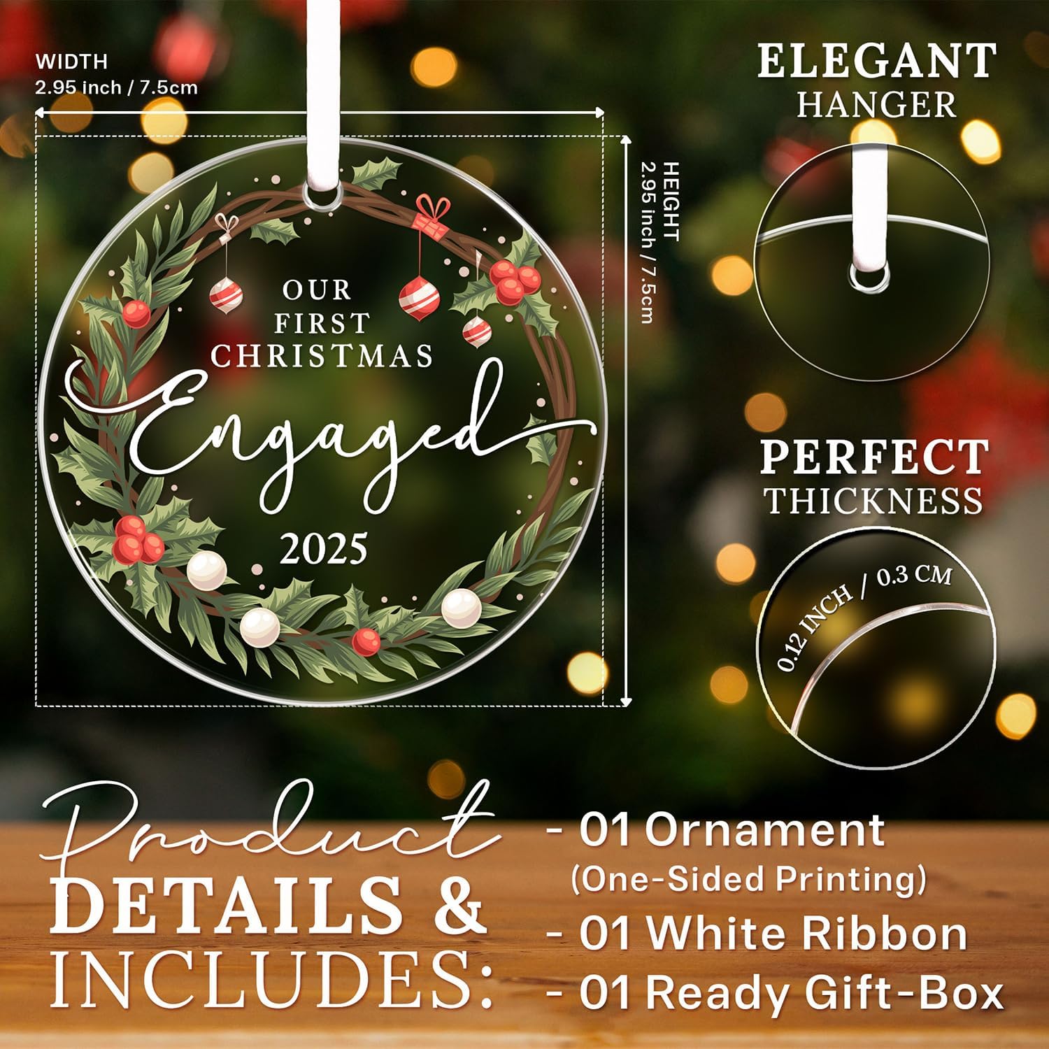 HEXMOZ Engagement Gifts for Couples - Engagement Gift for Women, Fiance, Her, Bride to Be, Newly Engaged Couples - First Christmas Engaged Acrylic Ornament 2025 - Party Decorations - Image 3