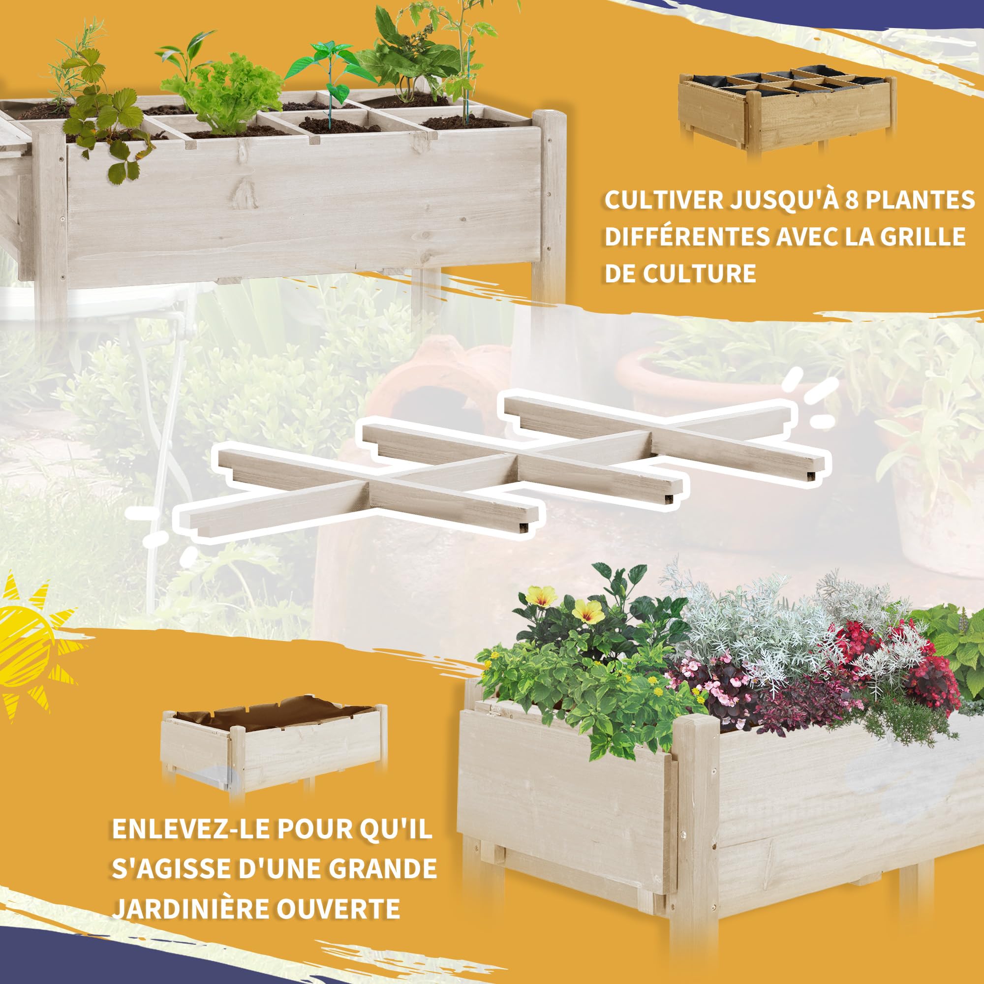Outsunny Jardinière sur Pied - Potager sur roulettes - étagère, Tablette Rabattable, Inserts d'irrigation, Feutre de Drainage Inclus - Bois Sapin pré-huilé dim. 123L x 54l x 87H cm