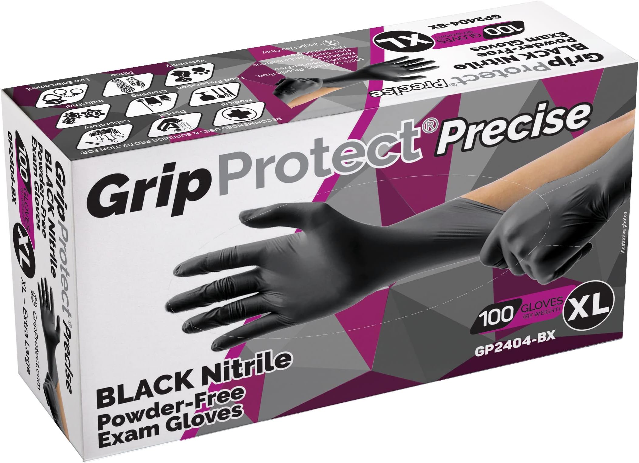 GripProtect® Precise Black Nitrile Gloves, Exam, 4 Mil, Food, Home, Cleaning, Medical/Dental, Tattoo (X-Large, 100)