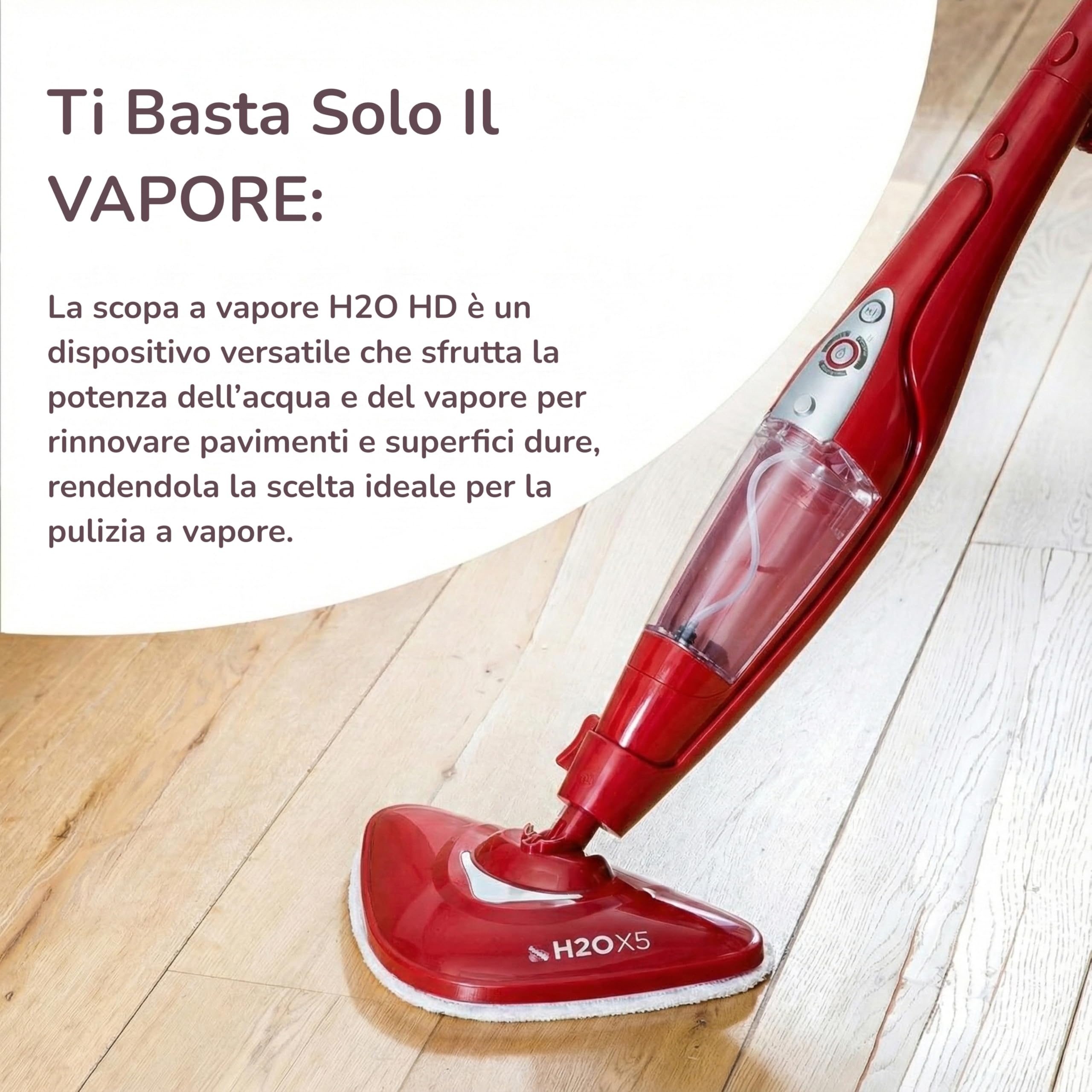 H2O X5+ Scopa A Vapore 2 In 1 E Pulitore Portatile Rosso – Lavapavimenti Multifunzione Tappeti Vetri – Pronta In 15 Secondi – Accessori Inclusi