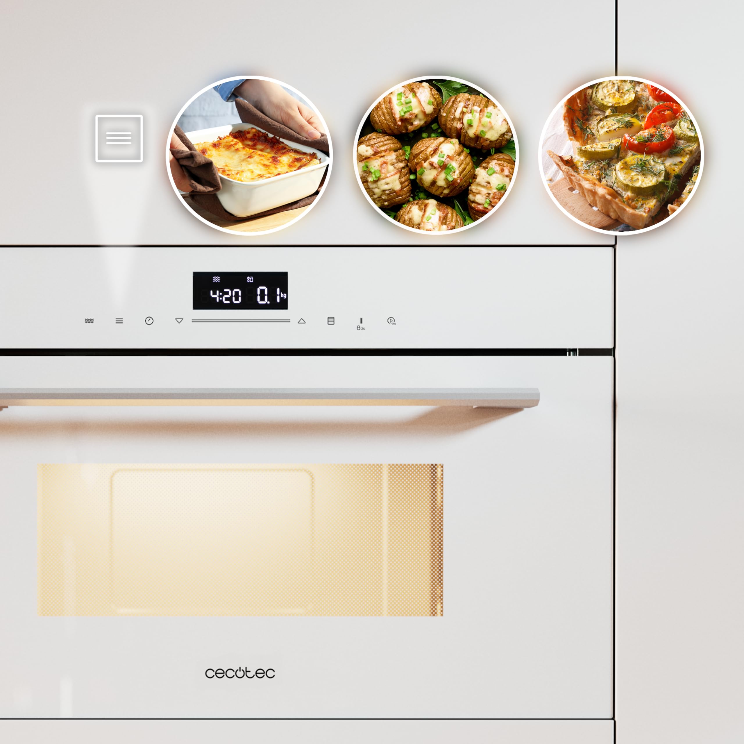 Cecotec Micro-ondes Encastrable Glass White de 34L Bolero Hexa MW703800 Glass White. 1450W, Mode Grill 1100W, Defrost, Auto Menu, Speed cooking, Minuterie, Contrôle Tactile